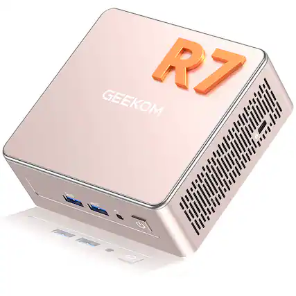 Front. Geekom - A5 Mini PC, AMD Ryzen 7 5825U, 16GB RAM& 1TB M.2 PCIe NVMe SSD, Vega 8 Graphics, Windows 11 Pro Pre-installed - Rose Gold.