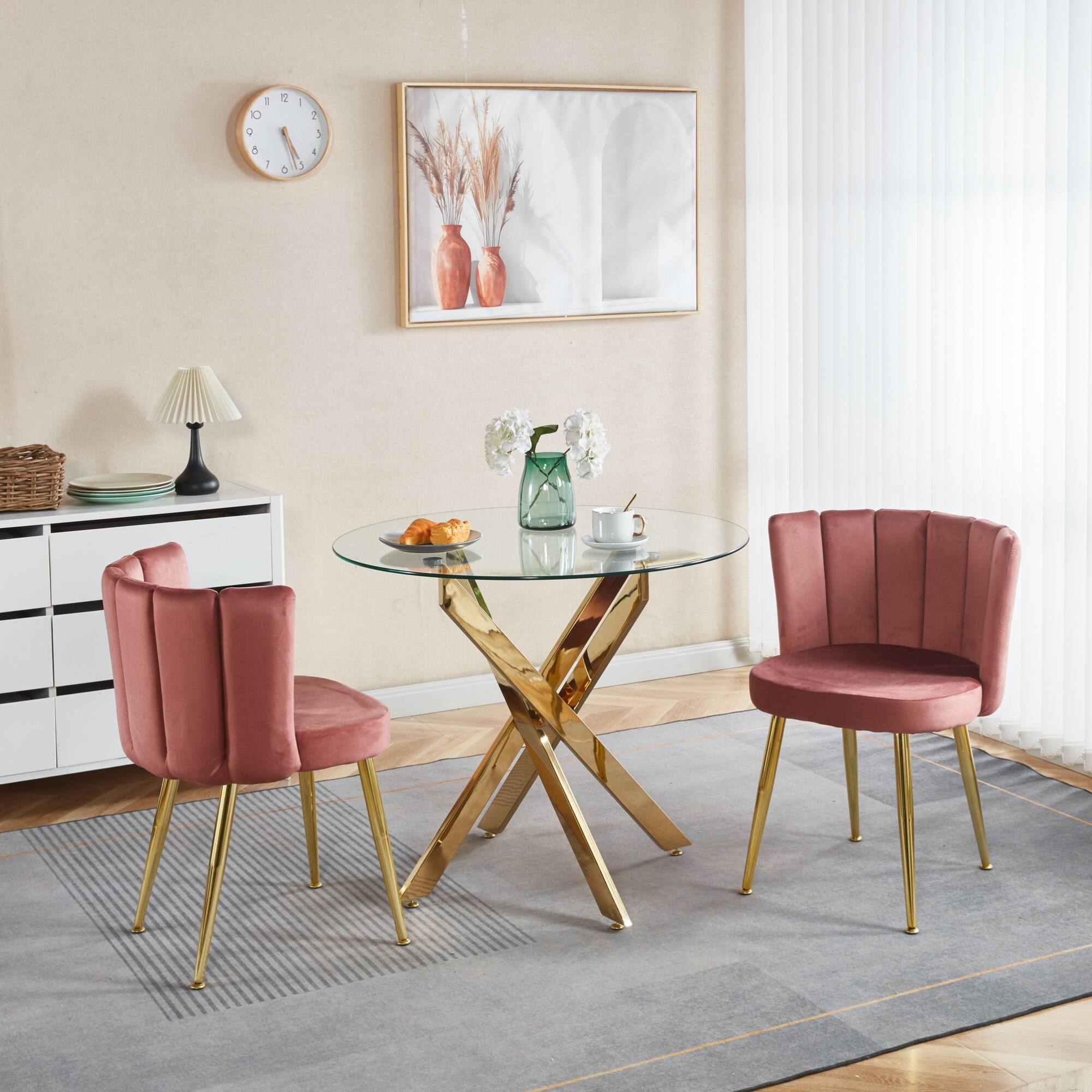 Alt View 4. GOODSILO - Elegant Velvet Dining Chairs Set of 2 with Golden Iron Legs for Modern Living Spaces - Pink.