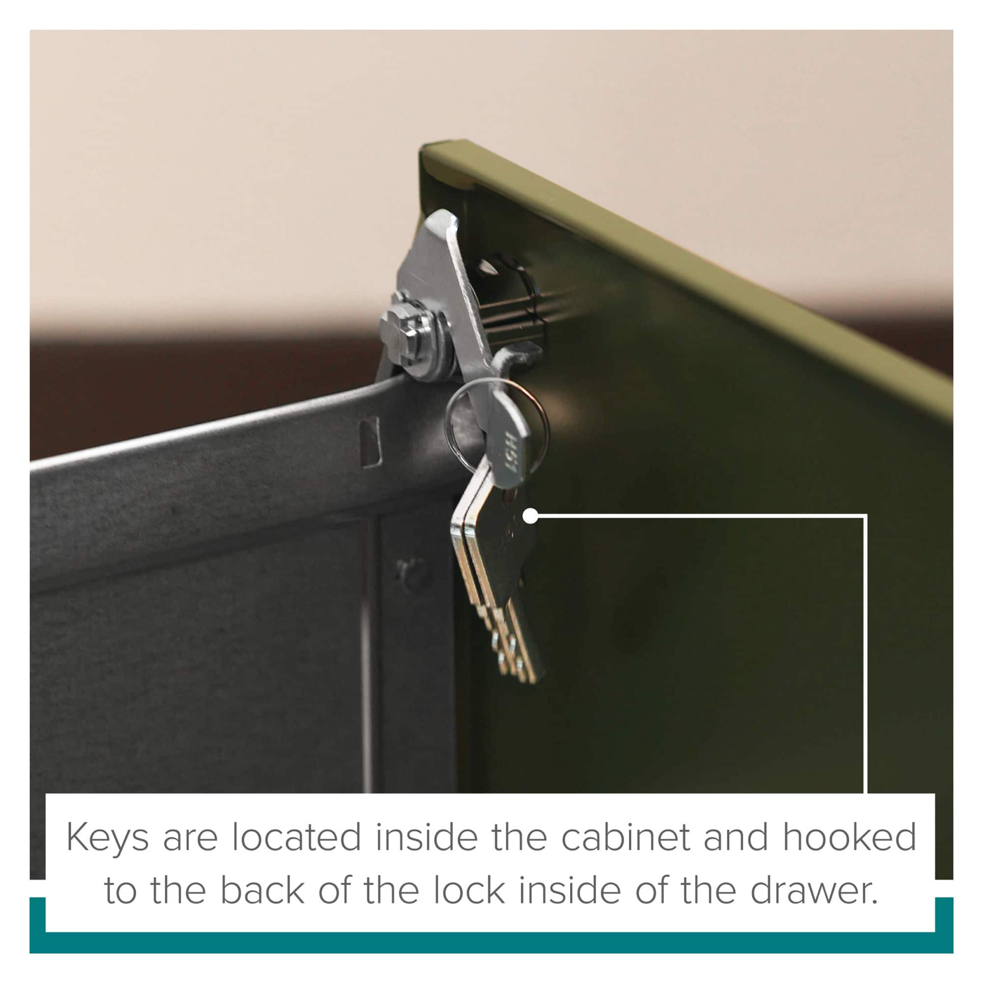 Keys are located inside the cabinet and hooked to the back of the lock inside the drawer.