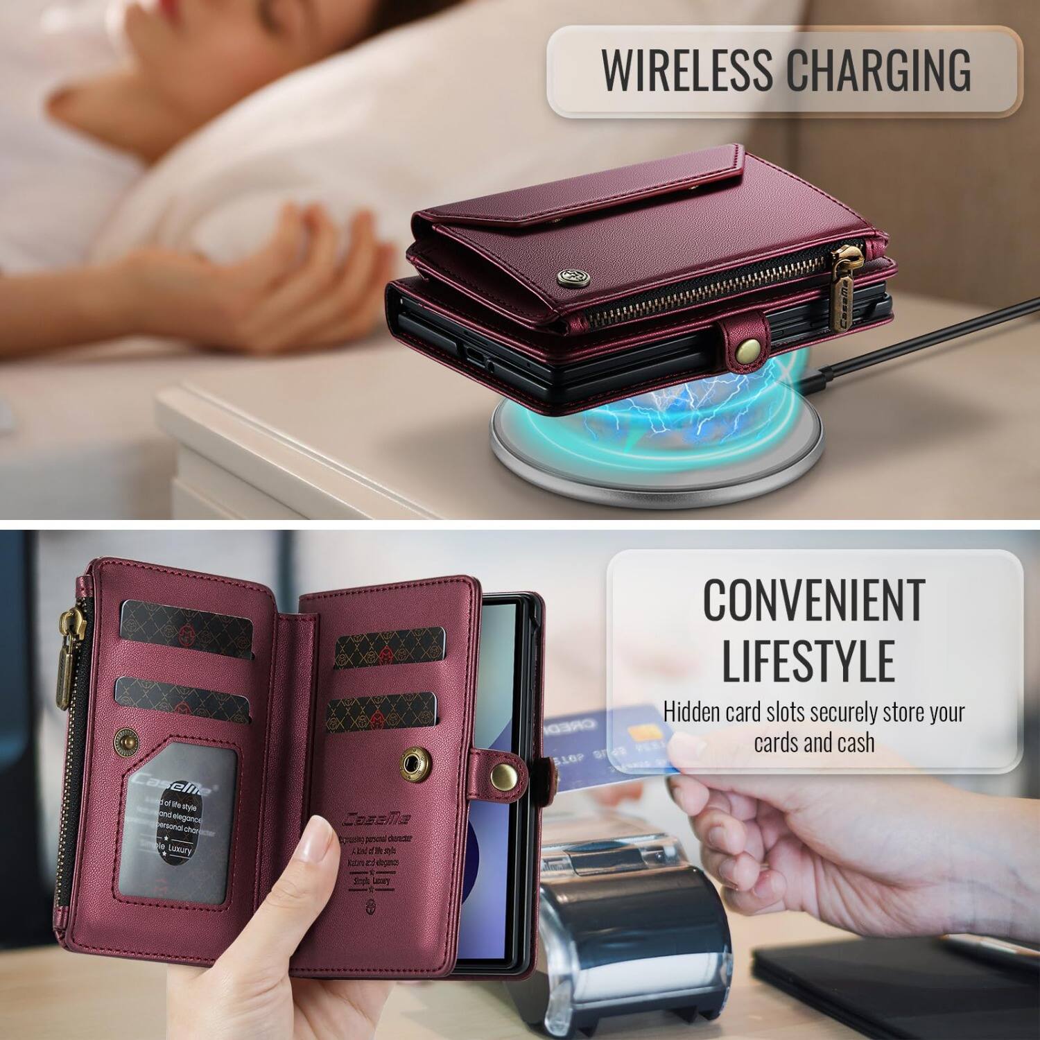 WIRELESS CHARGING

Casellile and the style elegance Luxury

M personal depocder ed dogence

CONVENIENT LIFESTYLE Hidden card slots securely store your CREDI cards and cash S10P 2018
