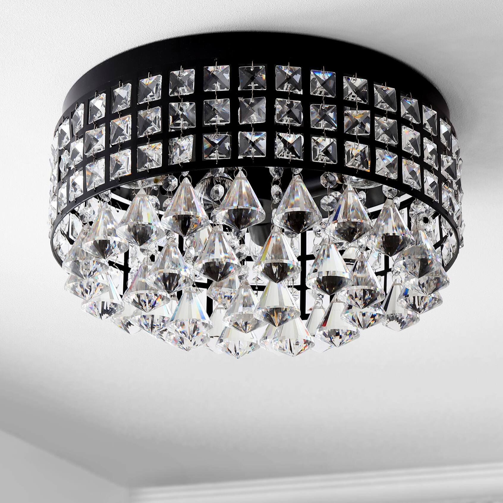 Alt View 5. Jonathan Y - Meredith 14.5" 3-Light Crystal Drops/Metal LED Flush Mount, Black - Black/Clear.