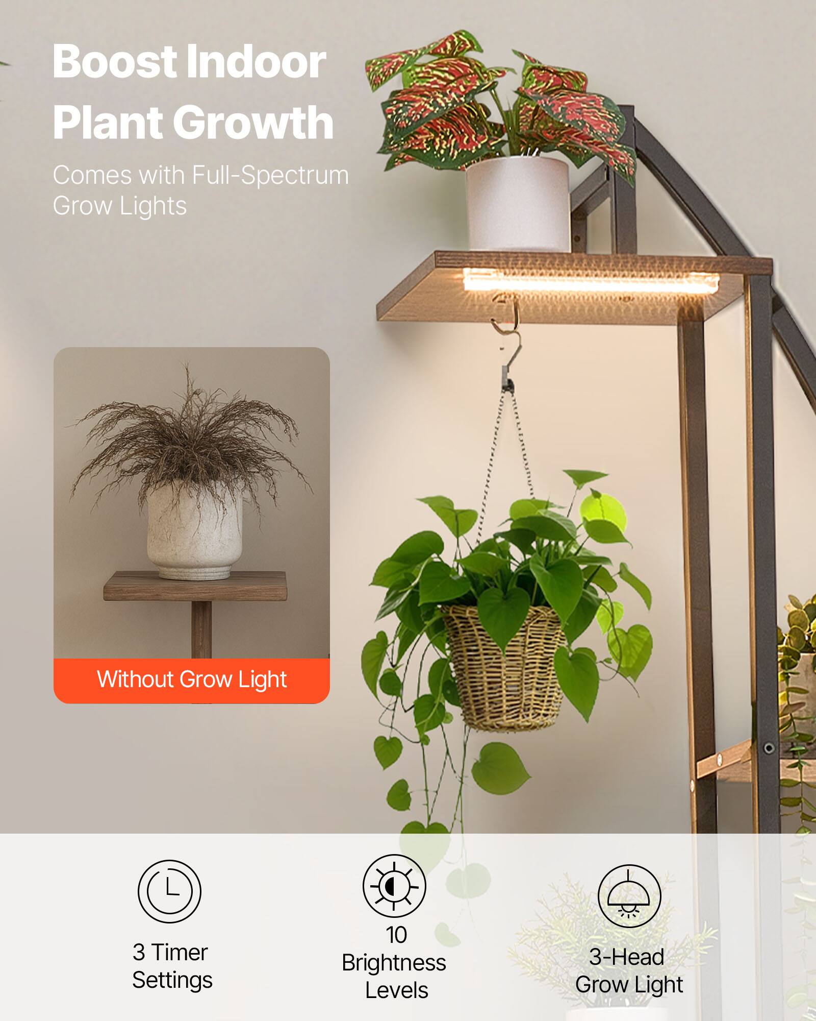 Boost Indoor Plant Growth  
Comes with Full-Spectrum Grow Lights  

Without Grow Light  

3 Timer Settings  
10 Brightness Levels  
3-Head Grow Light