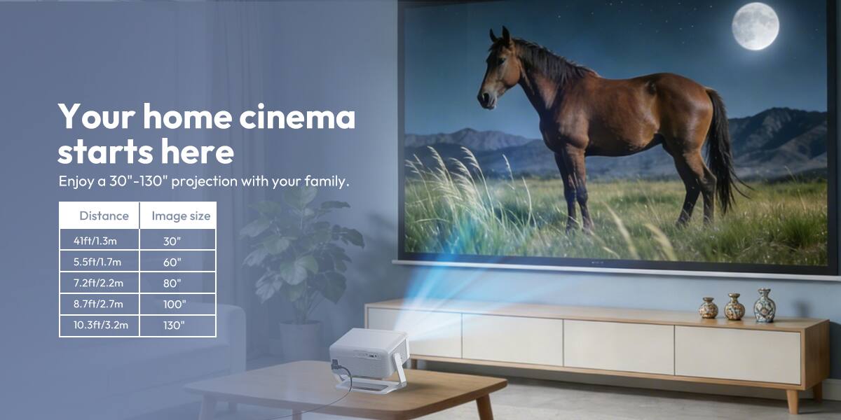 Your home cinema starts here  
Enjoy a 30"-130" projection with your family.

| Distance | Image size |
|----------|------------|
| 4ft/1.3m  | 30"        |
| 5.5ft/1.7m| 60"        |
| 7.2ft/2.2m| 80"        |
| 8.7ft/2.7m| 100"       |
| 10.3ft/3.2m| 130"      |