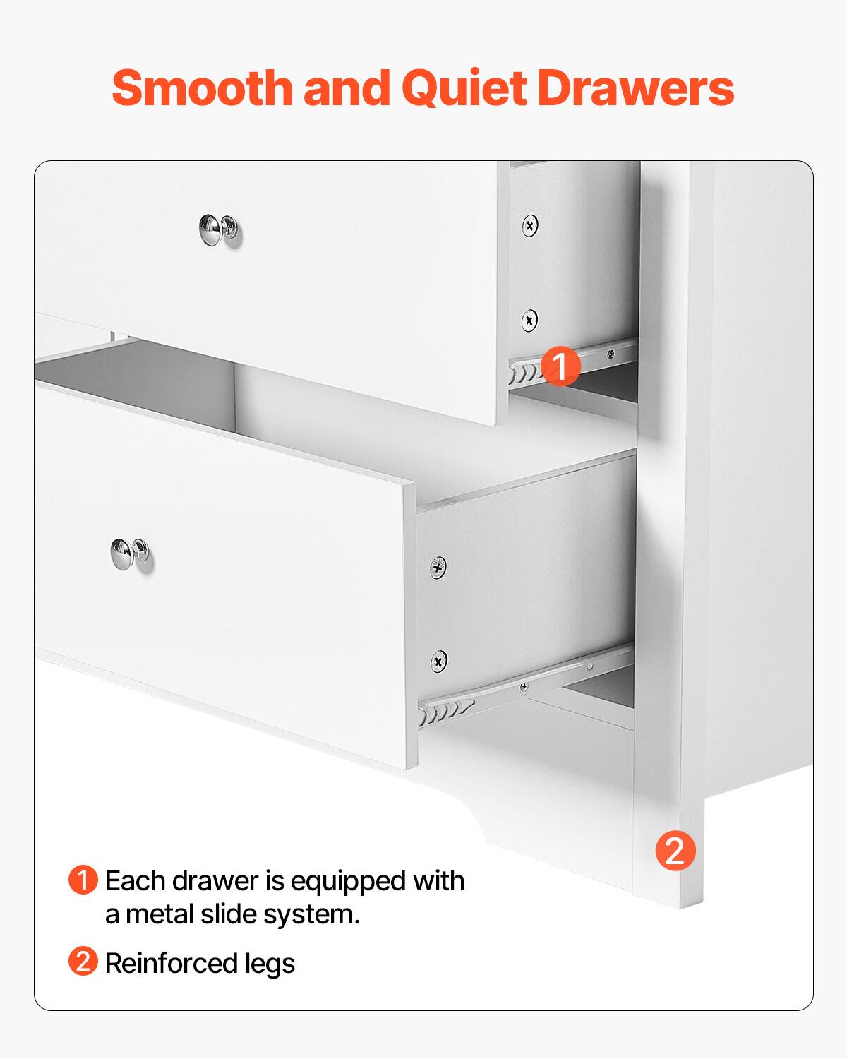 Smooth and Quiet Drawers

1. Each drawer is equipped with a metal slide system.
2. Reinforced legs