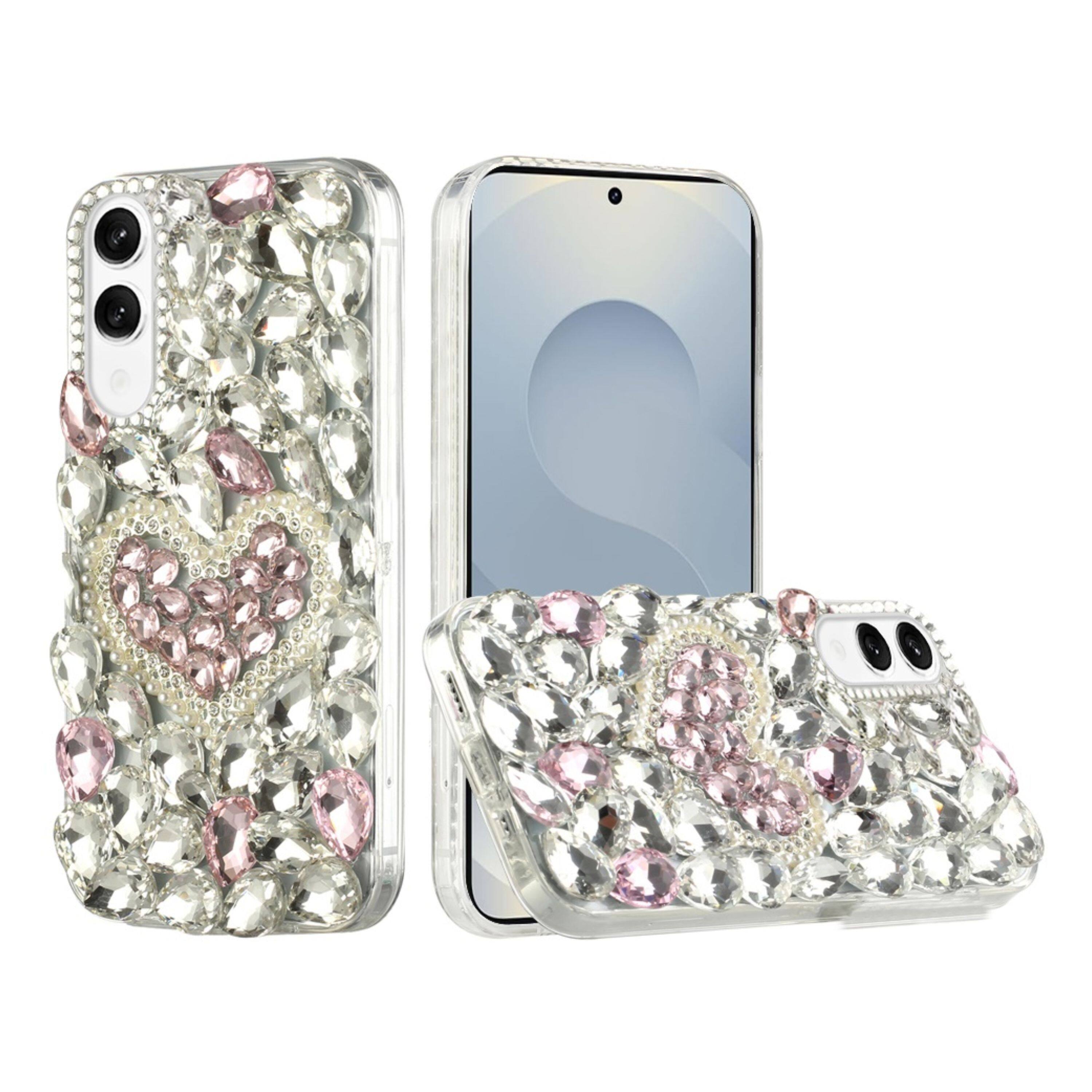 Angle. Kitcheniva - Full Diamond Bling 3D Jewel Ornaments With Tempered Glass For Samsung Galaxy S25 Edge Hearty Pink Pearl Heart - Multicolor.