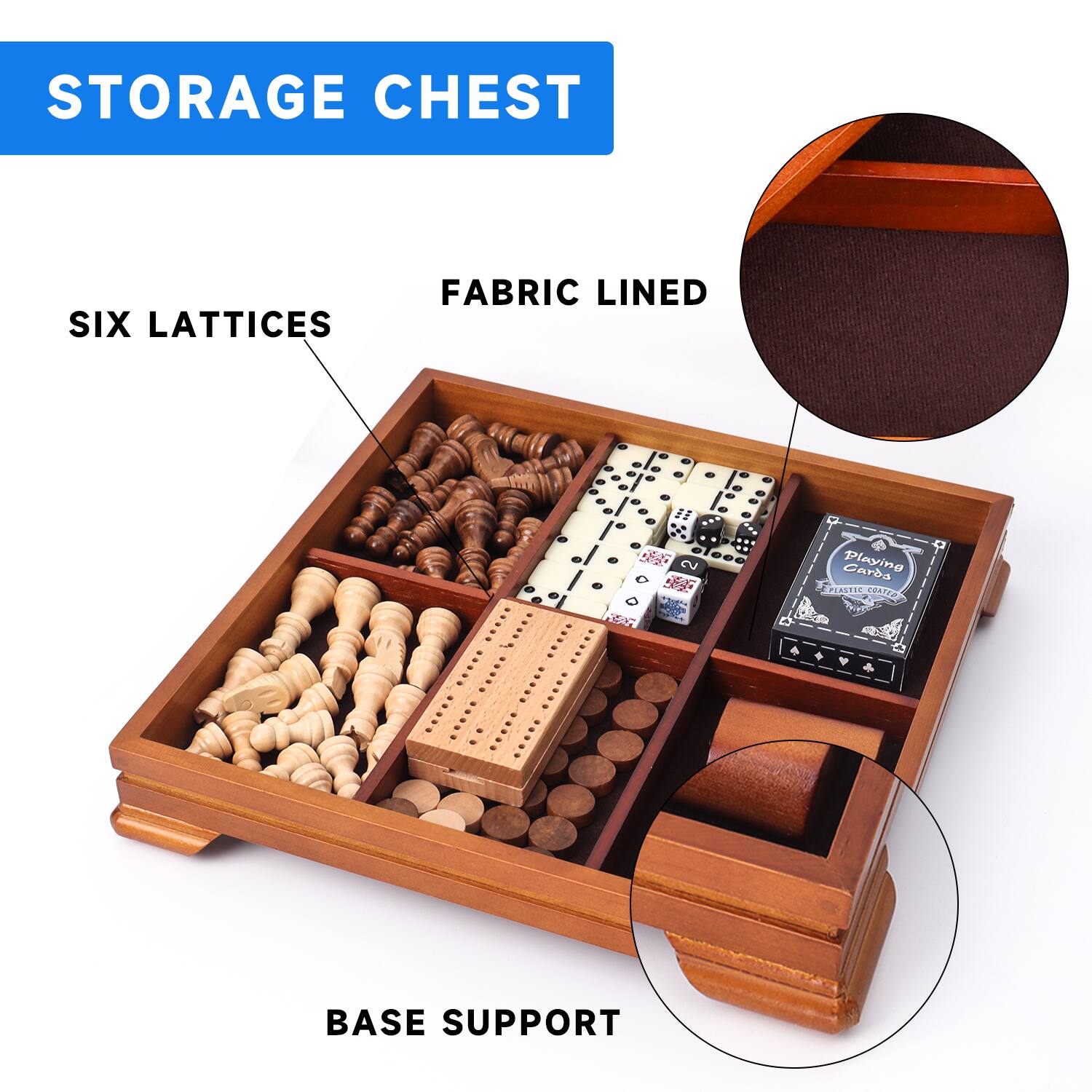STORAGE CHEST, SIX LATTICES, FABRIC LINED, BASE SUPPORT