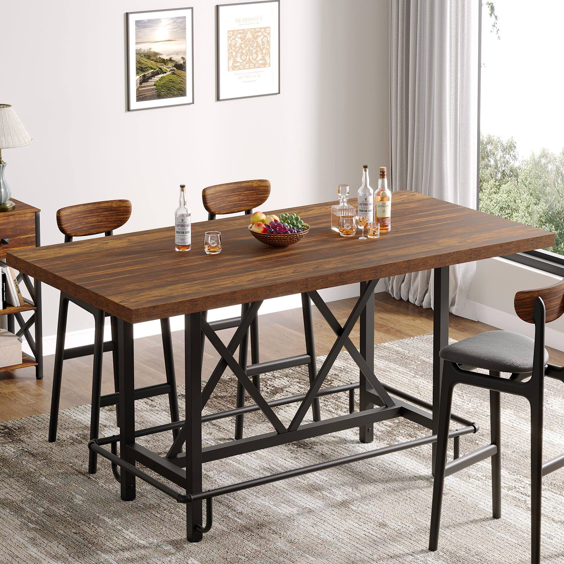 Angle. Tribesigns - Farmhouse Bar Table with Rectangular Top for Everyday Dining and Home Entertaining - Brown.