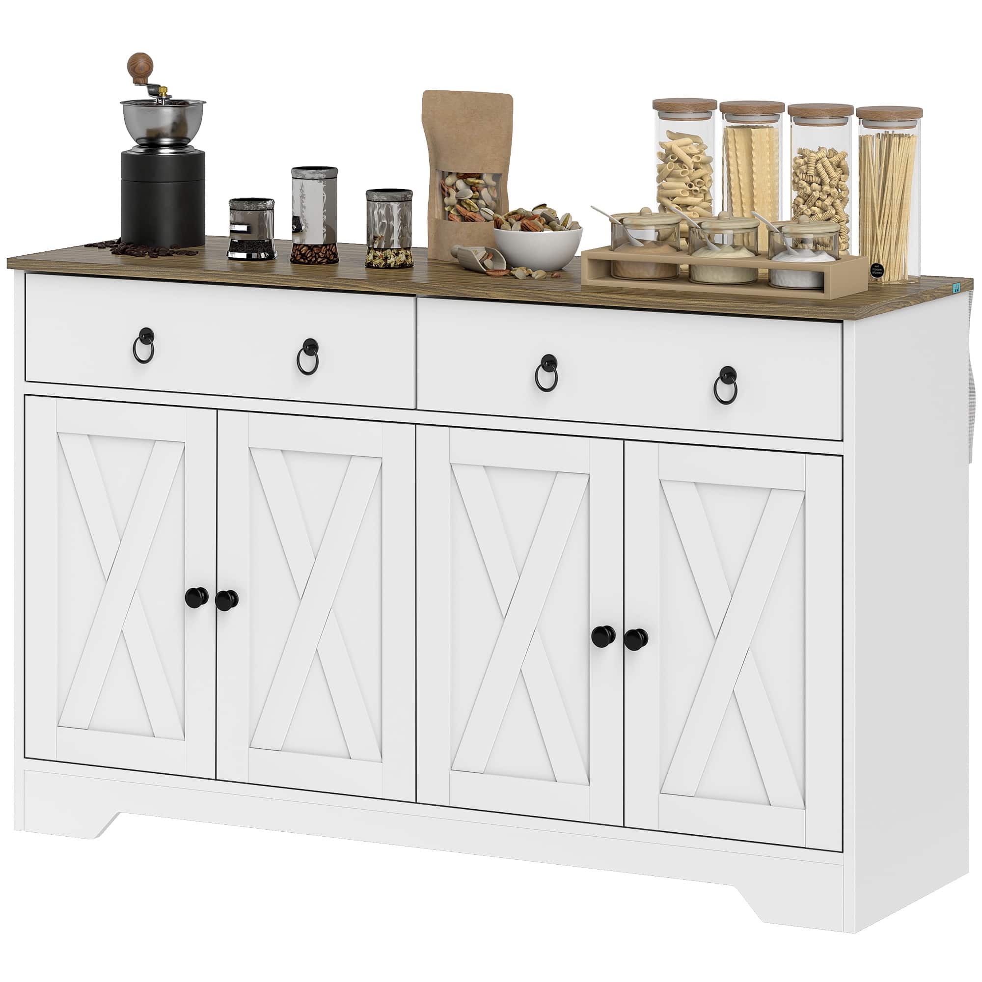 Homcom - Storage Sideboard, Farmhouse Buffet Cabinet with Barn Style Doors, Drawers - White
