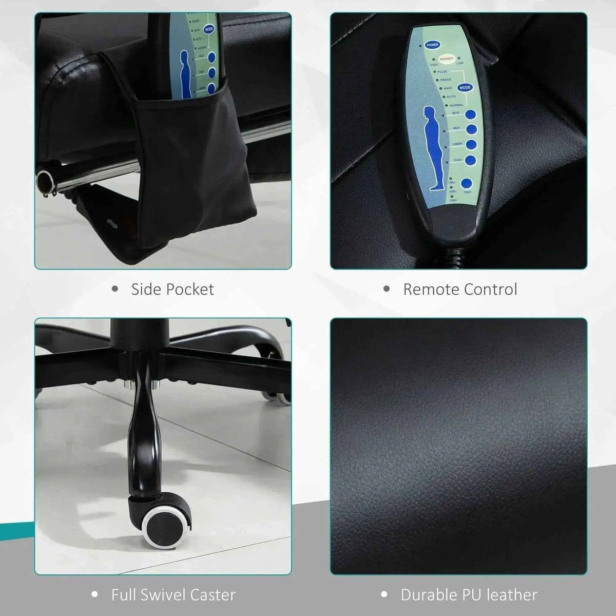- Side Pocket
- Remote Control
- Full Swivel Caster
- Durable PU leather