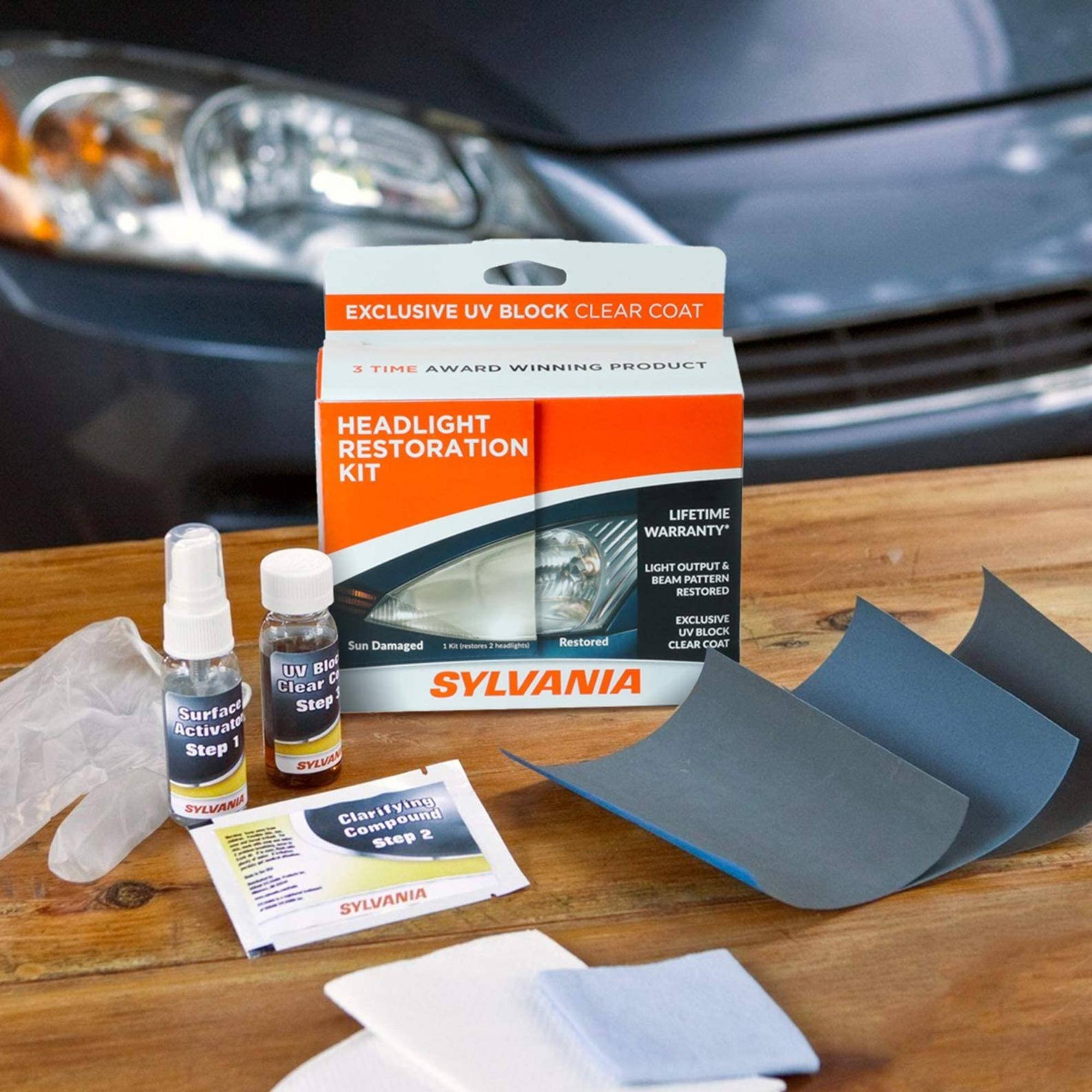 EXCLUSIVE UV BLOCK CLEAR COAT  
3 TIME AWARD WINNING PRODUCT  
HEADLIGHT RESTORATION KIT  
LIFETIME WARRANTY*  
LIGHT OUTPUT & BEAM PATTERN RESTORED  
EXCLUSIVE UV BLOCK  

Sun Damaged - Restored  

SYLVANIA Clear Coat UV Block  
Surface Activation Step 1  
Clarifying Compound Step 2  

SYLVANIA