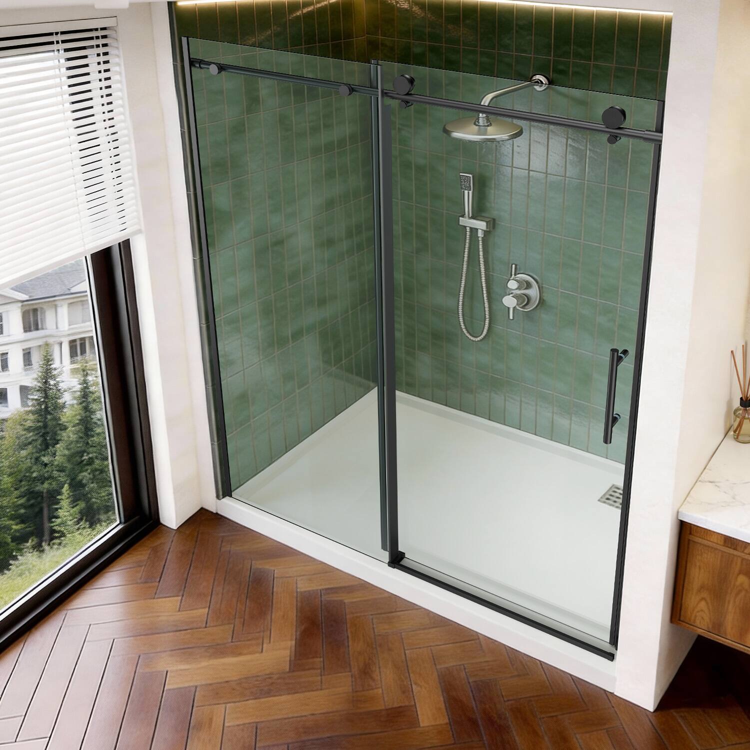 Left. Koligey - 56-60"W x 76"H Semi-Frameless Sliding Shower Door-10mmTempered Glass|Stainless SteelAnti-Rust Hardware - black.