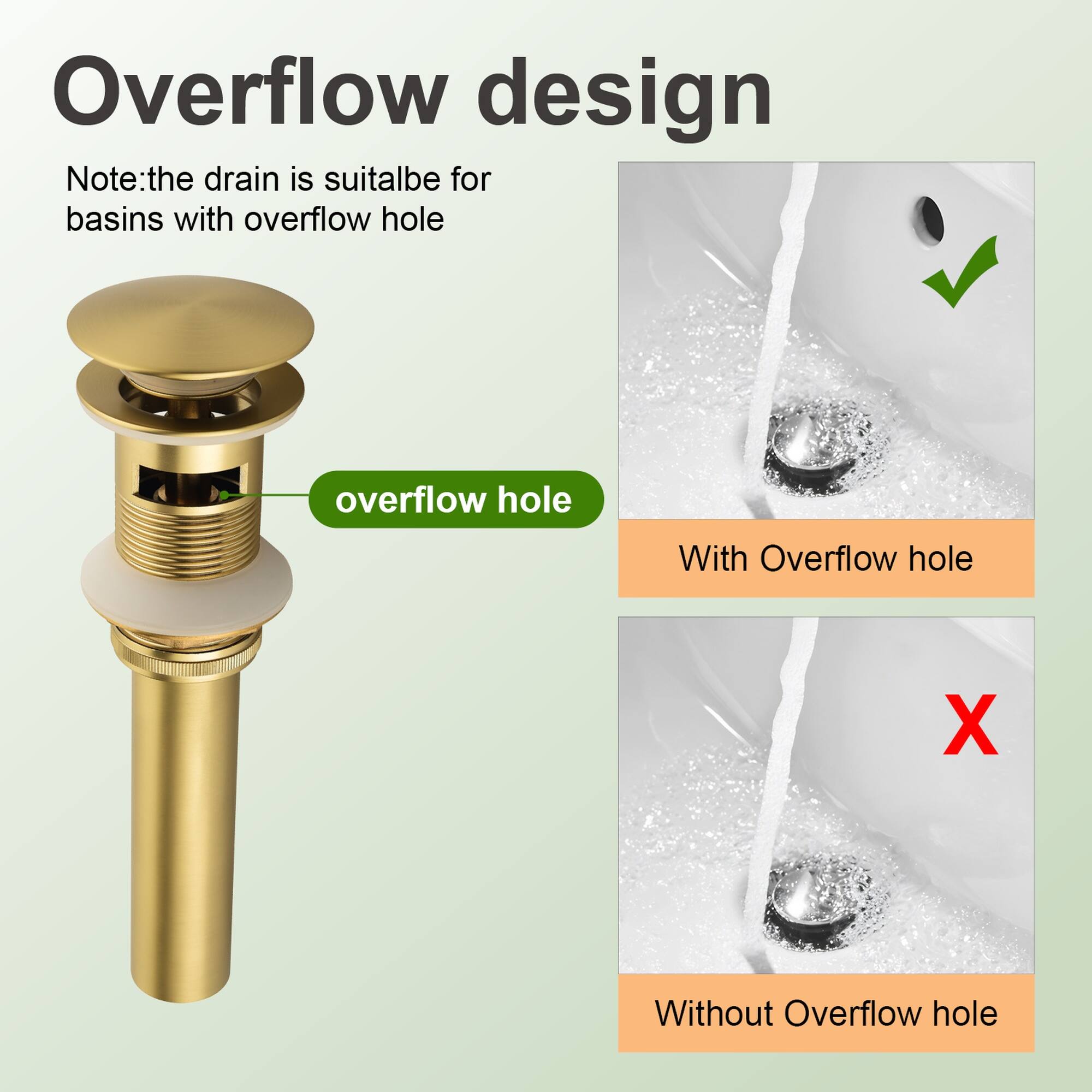 Overflow design

Note: the drain is suitable for basins with overflow hole

- With Overflow hole
- Without Overflow hole