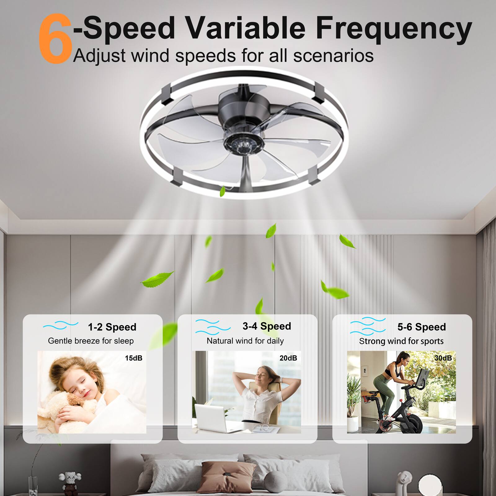 6-Speed Variable Frequency  
Adjust wind speeds for all scenarios

1-2 Speed  
Gentle breeze for sleep  
15dB

3-4 Speed  
Natural wind for daily  
20dB

5-6 Speed  
Strong wind for sports  
30dB
