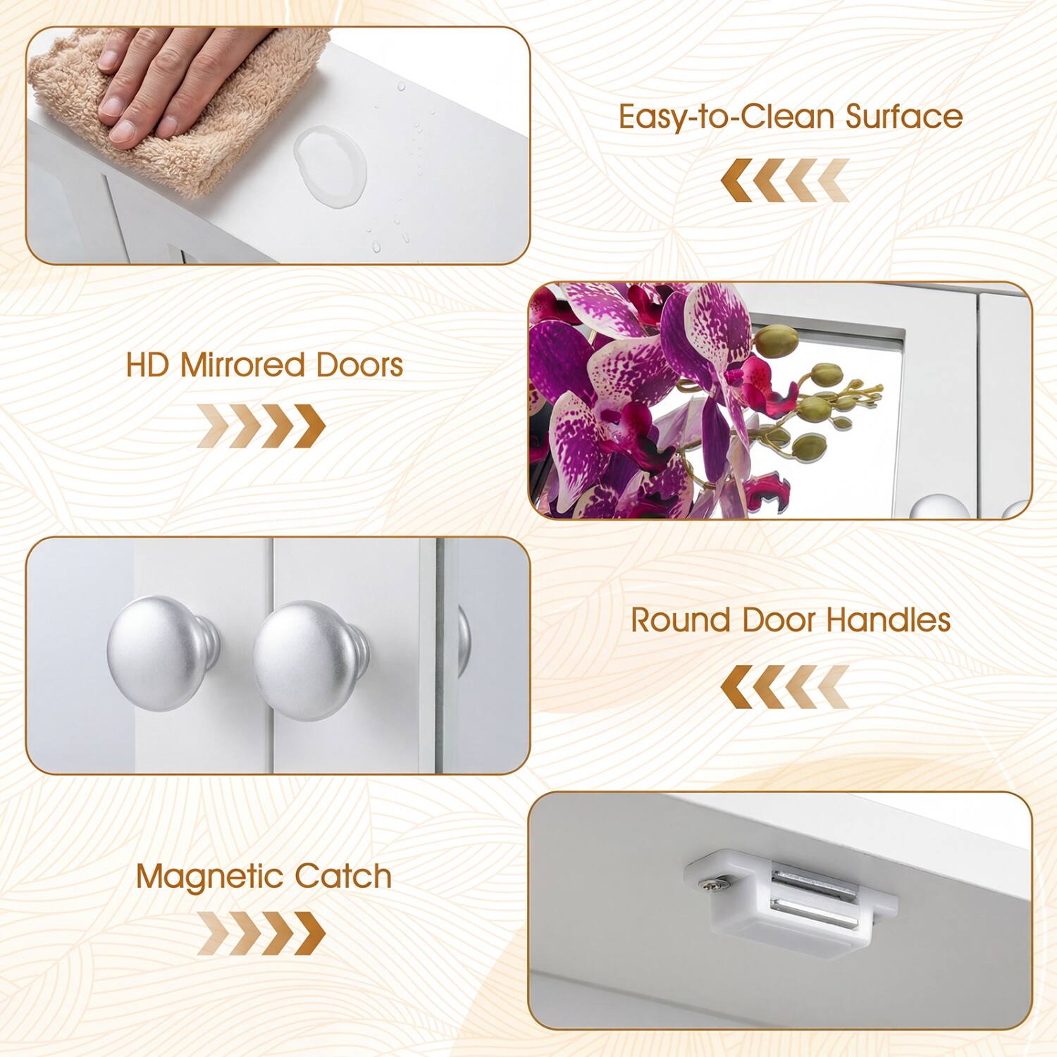 Easy-to-Clean Surface  
HD Mirrored Doors  
Round Door Handles  
Magnetic Catch