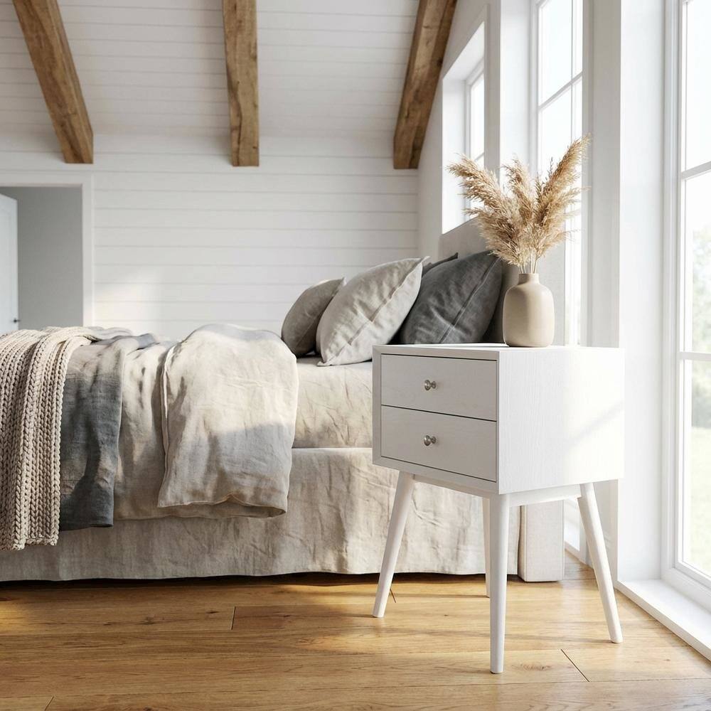 Left. FurniFact - Nightstand with Modern Design and Sturdy Construction for Bedroom Use - White.