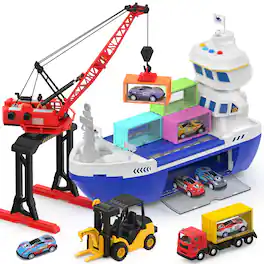 CUTE STONE - 2-in-1 Toy Boat & Tower Crane Playset, Cargo Ship with Lights/Sounds | Push-Go Transport Ship & Construction