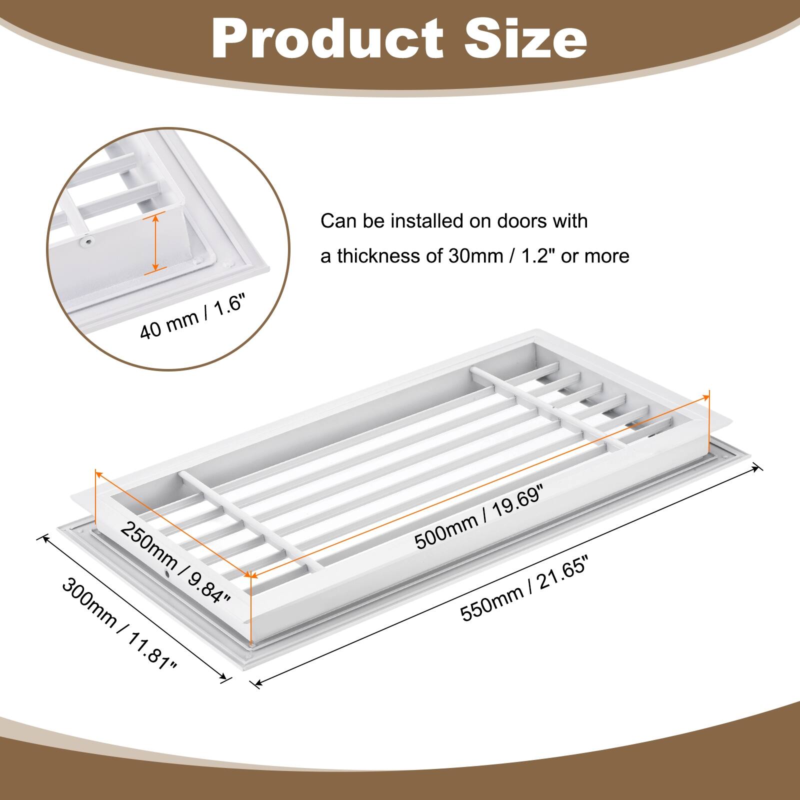 Product Size

Can be installed on doors with a thickness of 30mm / 1.2" or more

- 40 mm / 1.6"
- 250mm / 9.84"
- 300mm / 11.81"
- 500mm / 19.69"
- 550mm / 21.65"