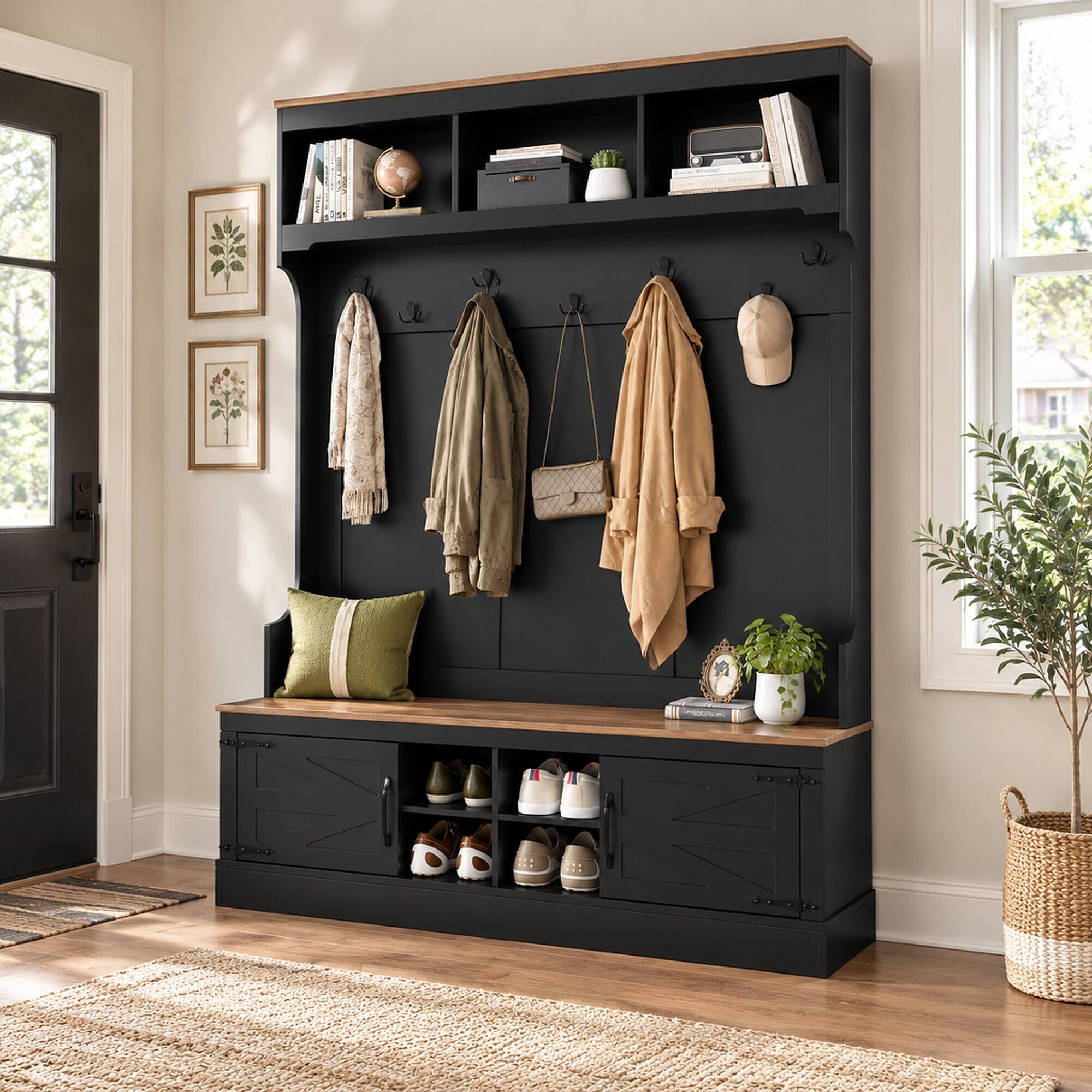 Angle. RYHNUYNE - VIBE HAUS 71 in Farmhouse Hall Tree, Entryway Bench, 7 Hooks, 4 Shoe Cubbies, 3 Top Cubbies, White - Black.