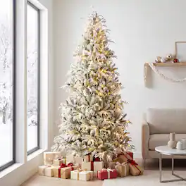Costway - 8 ft Flocked Christmas Tree with 1177 Branch Tips, 43 Pine Cones, 350 LED Lights - White