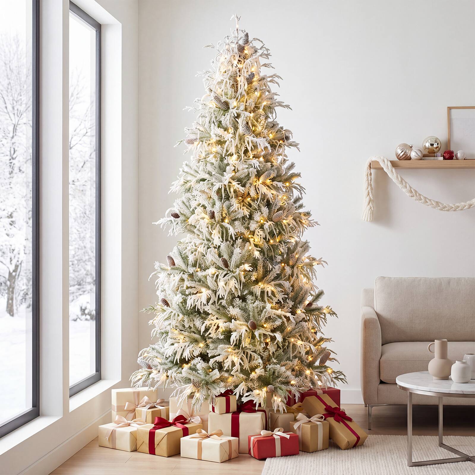 Front. Costway - Costway 8 ft Flocked Christmas Tree with 1177 Branch Tips, 43 Pine Cones, 350 LED Lights - White.