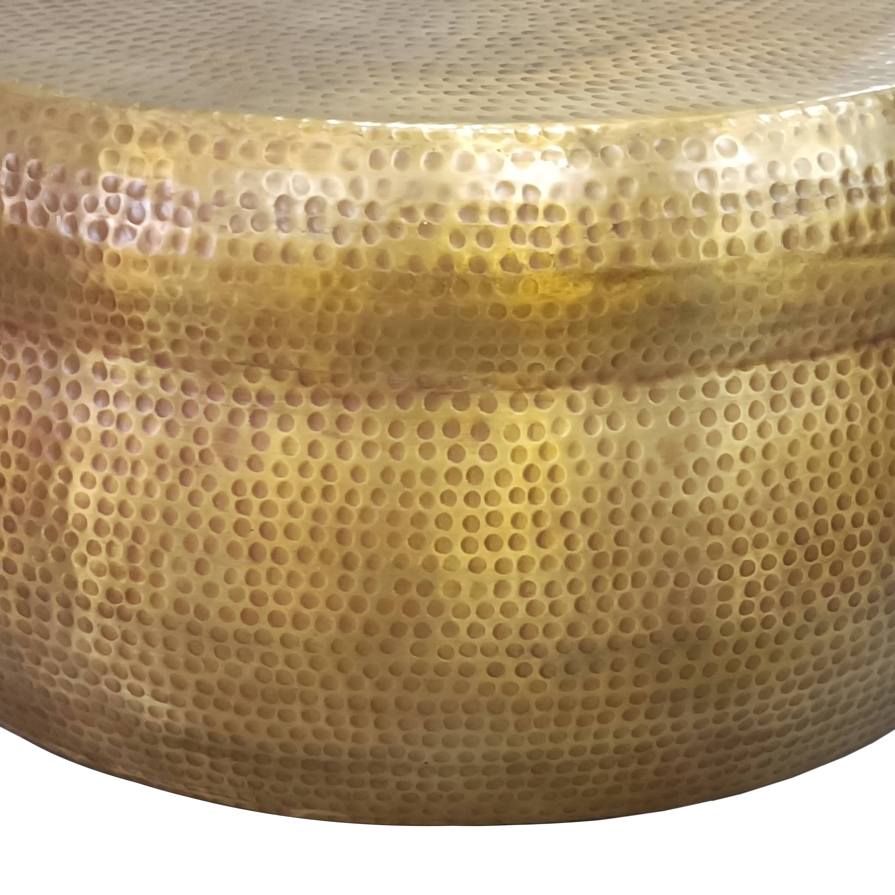 Left. Manhattan Lane - 32 Inch Artisanal Round Drum Coffee Table, Hammered Embossed Texturing, Aluminum - Brass.