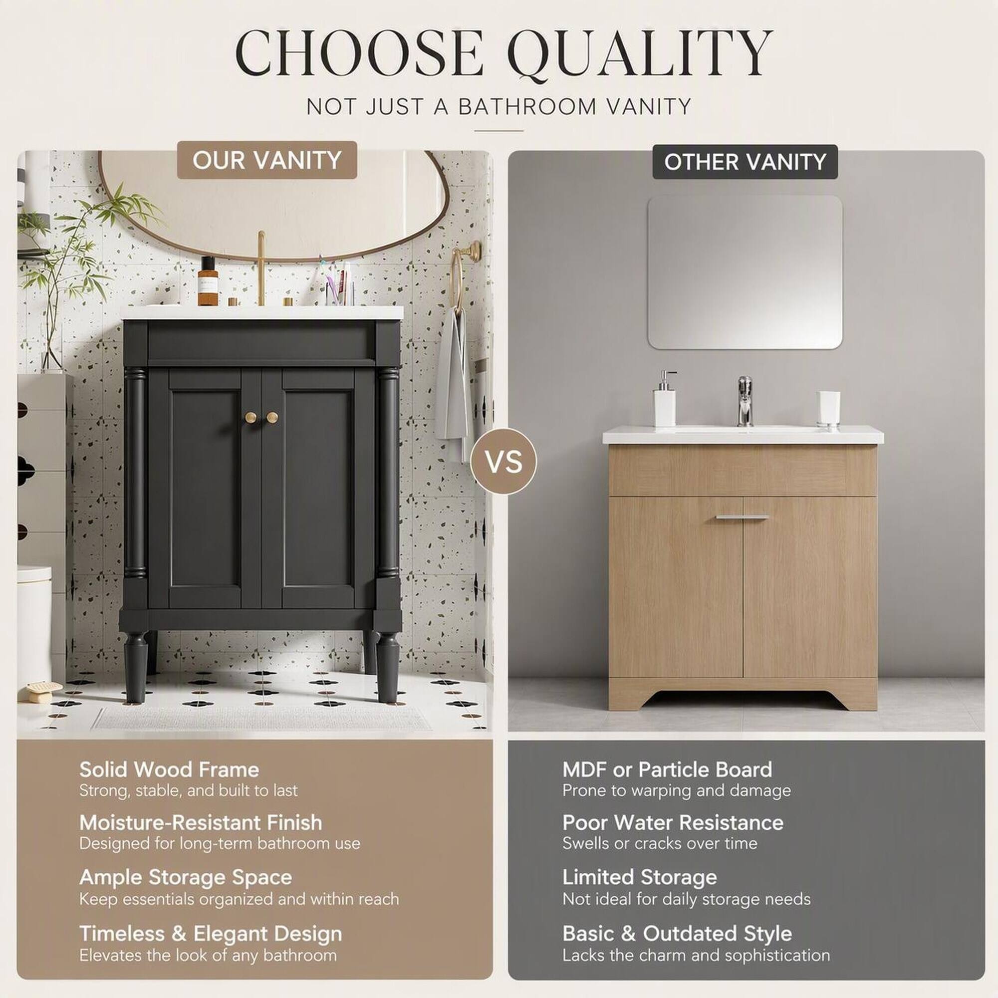 RYHNUYNE Single Sink Bathroom Vanity 24 Inch with Ceramic Sink and 2 ...