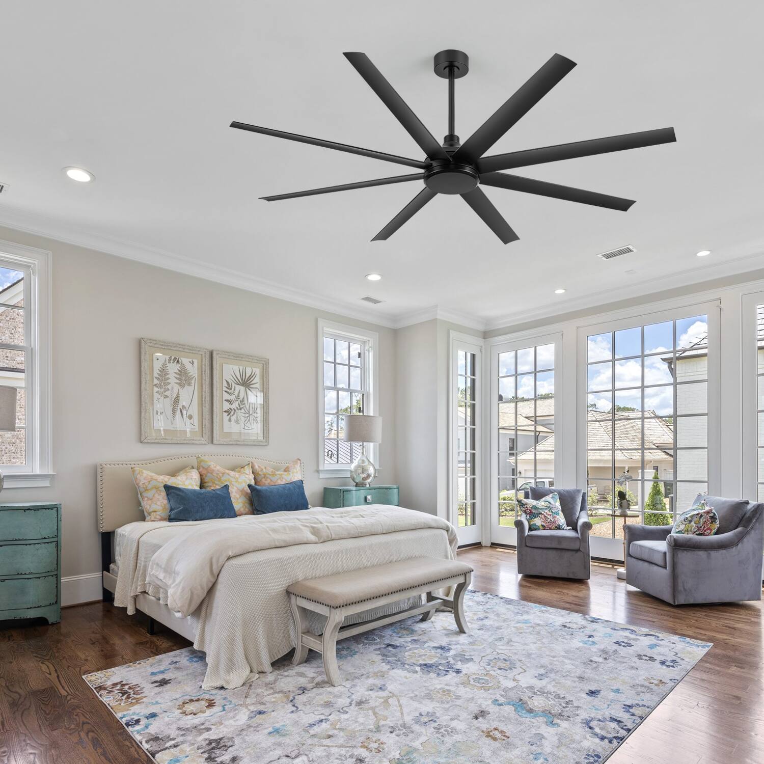 Alt View 7. Breezary - 72" Large Indoor Ceiling Fan with Remote, 8 ABS Blades, 6-Speed DC Motor, Timer, 7''/12''Downrods, Light/No Light Option - Matte Black (Without Light).