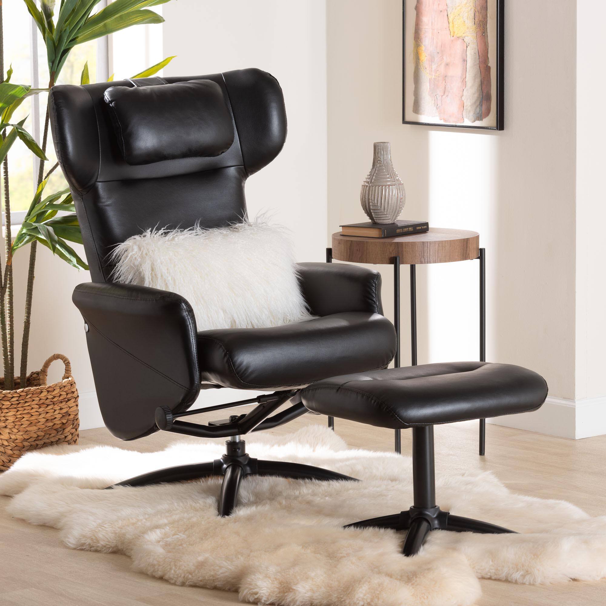 Alt View 8. Baxton Studio - Elwood Modern Faux Leather 2-Piece Lounge Chair and Footrest Set - Black.
