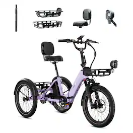 Lectric eBikes - XP Trike2 750 Foldable eBike (Max 70mi./17mph) +Cargo Package, Support Seat, Seat Post, & Elite Headlight - Lavender Haze