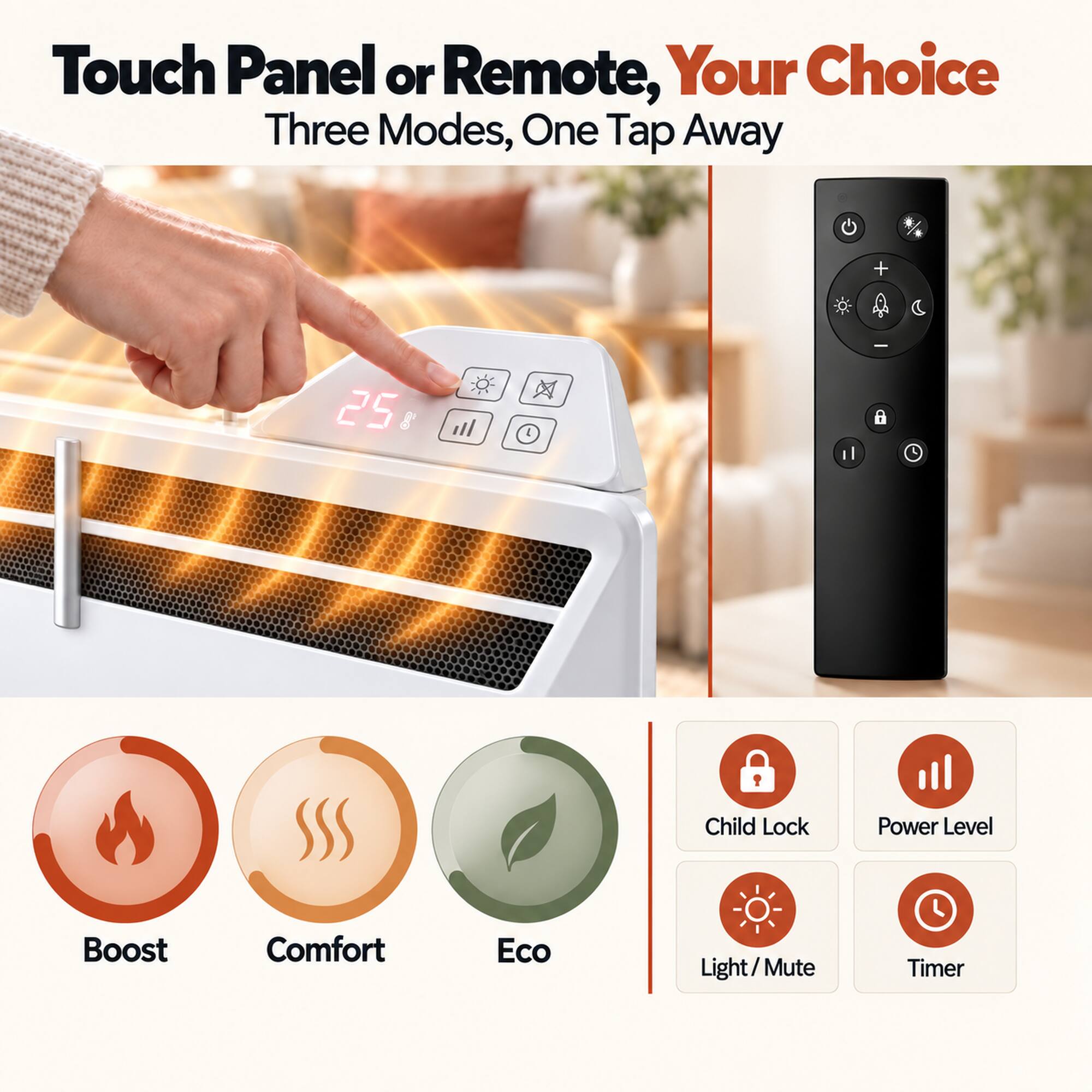 Touch Panel or Remote, Your Choice  
Three Modes, One Tap Away

25°C

Child Lock  
Power Level  
Boost  
Comfort  
Eco  
Light/Mute  
Timer