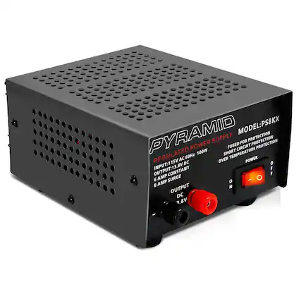 PYRAMID MODEL: PS8KX
REGULATED POWER SUPPLY FOR PROTECTION
FUSED CIRCUIT PROTECTION
INPUT: 115V AC 60Hz 100W
OUTPUT: 15V DC 6 AMP CONSTANT
OUTPUT DC 3.8V
SHORT CIRCUIT PROTECTION
OVER TEMPERATURE PROTECTION
POWER: OFF CONSTANT 6 AMP SURGE - 8 AMP SURGE