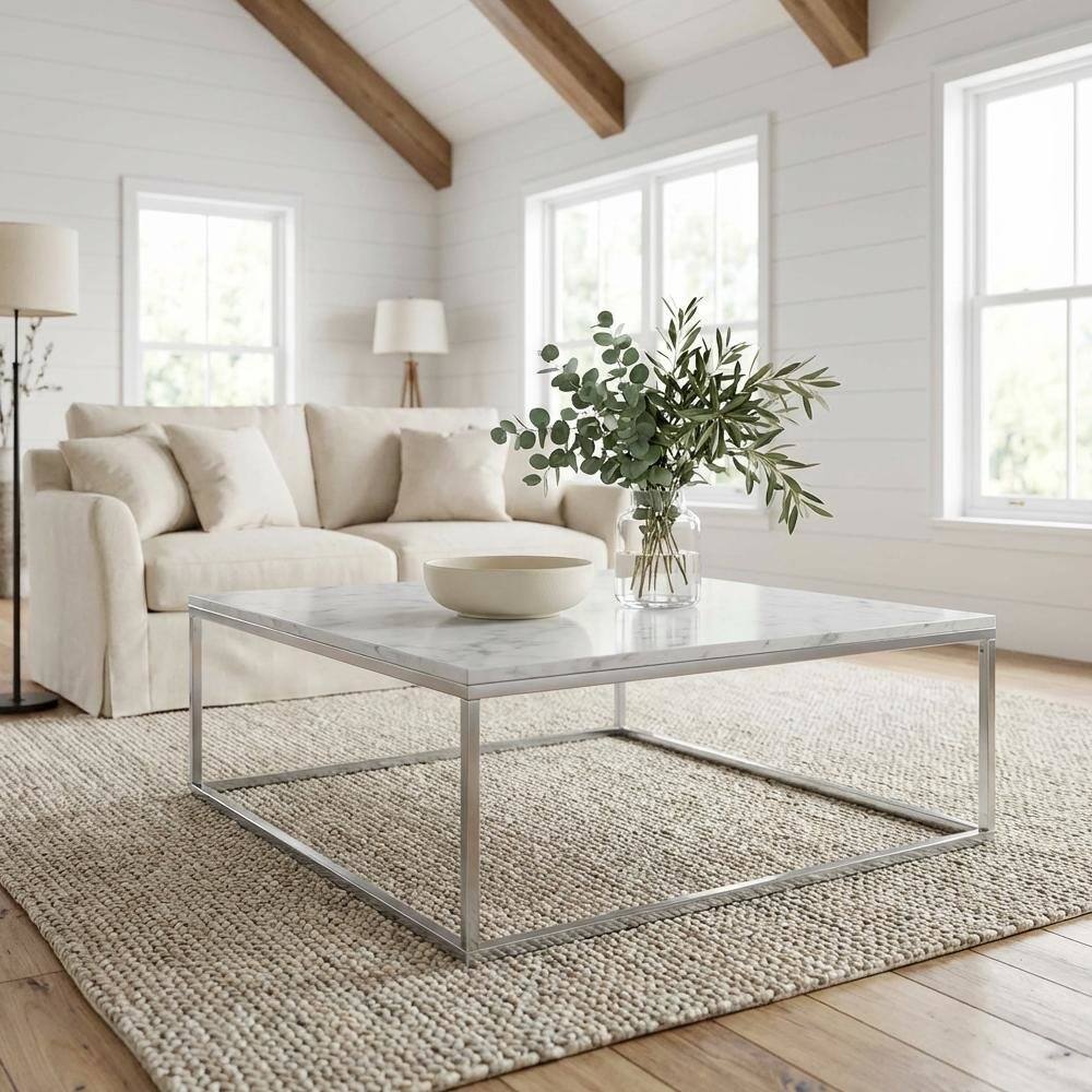 Left. FurniFact - Faux Marble Coffee Table Silver Powder Coated Metal Frame Stylish Design - Faux Marble.