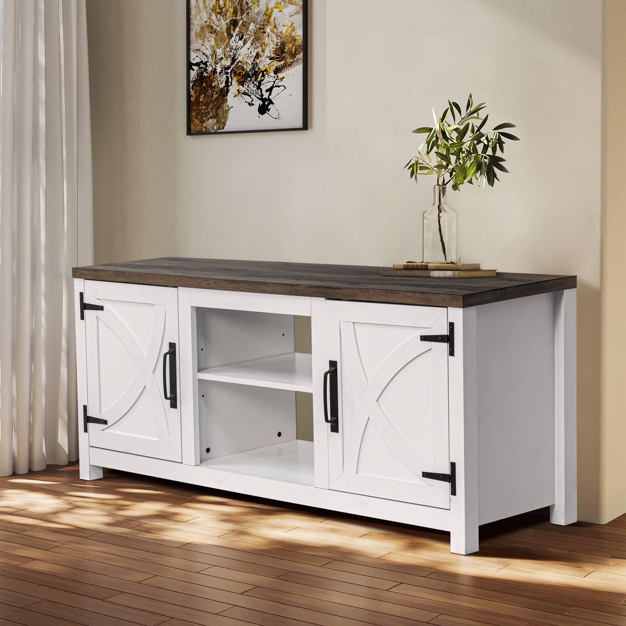 Back. Ihomeadore - 58" Farmhouse TV Stand with Open Storage Shelves and Cabinets for TV up to 65" - White.