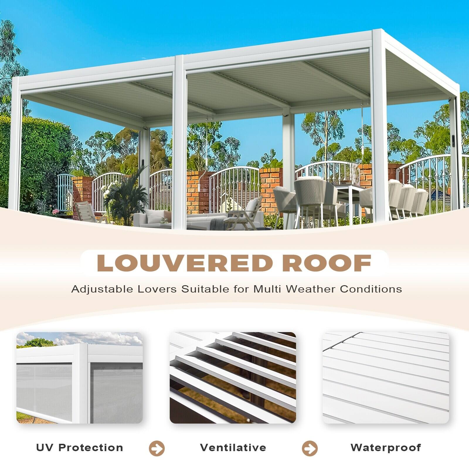 LOUVERED ROOF  
Adjustable Louvers Suitable for Multi Weather Conditions  

UV Protection  
Ventilative  
Waterproof