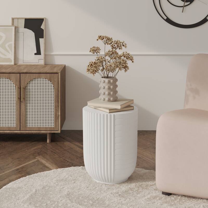 Angle. LeisureMod - Trove 14" Textured Round Side Table, Modern Fiberstone Weather Resistant Indoor/Outdoor End Table - No Assembly - White.