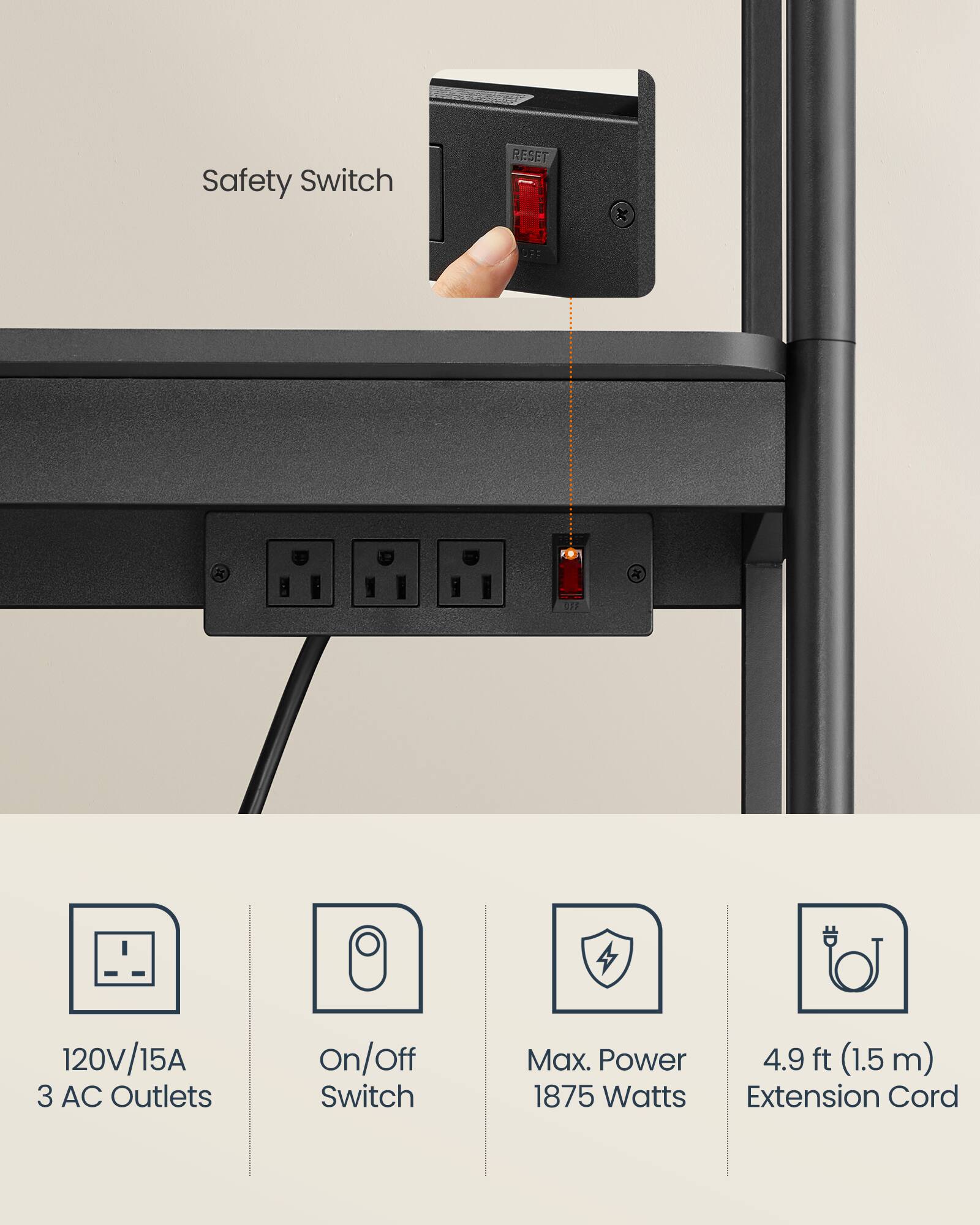Safety Switch RESET x F: + X X 237 120V/15A 3 AC Outlets On/Off Switch Max. Power 4.9 ft (1.5 m) 1875 Watts Extension Cord