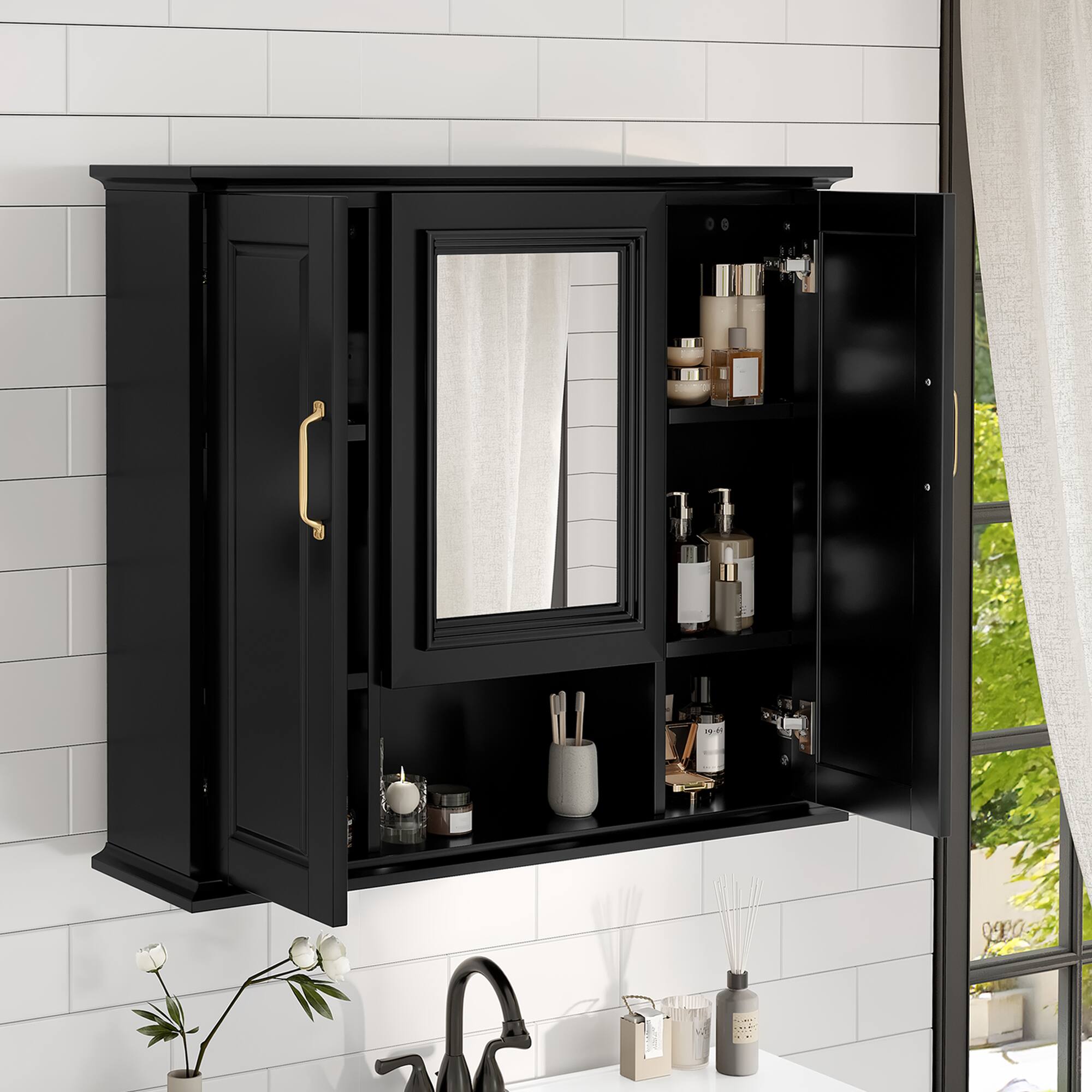 Angle. TinyHomie - 36in Medicine Cabinet Wall Mounted Storage Cabinet with Mirror Mirror Cabinet with 3 Doors Not Include Bathroom Vanity - Black.