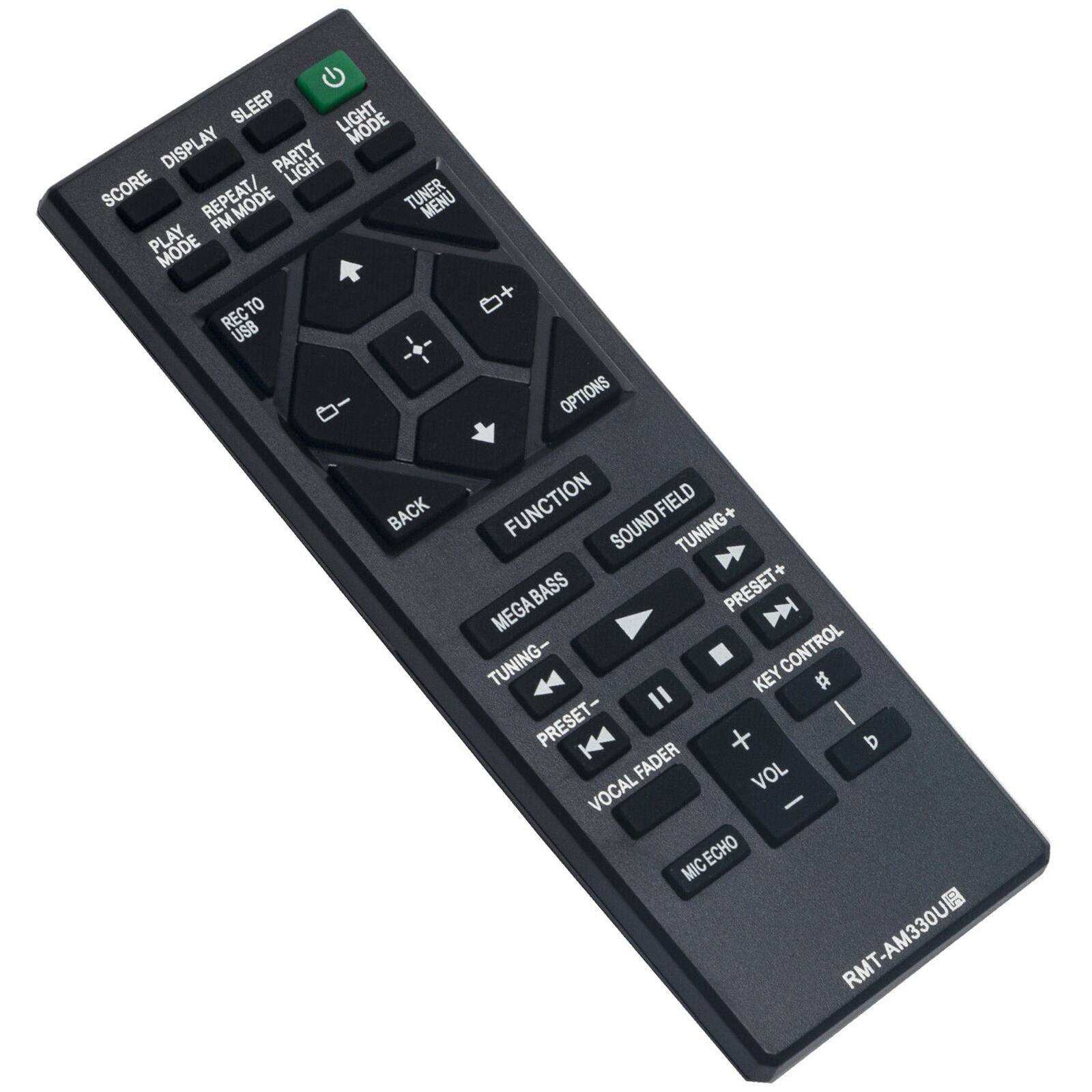 - SLEEP
- DISPLAY
- REPEAT/FM MODE
- PLAY MODE
- SCORE
- TUNER MENU
- OPTIONS
- BACK
- FUNCTION
- MEGABASS
- TUNING-
- PRESET-
- VOCAL FADER
- MIC ECHO
- SOUND FIELD
- TUNING+
- PRESET+
- KEY CONTROL
- VOL
- ECHO
- USB
- LIGHT MODE
- PARTY LIGHT
- RECTO USB
- RMT-AM330U