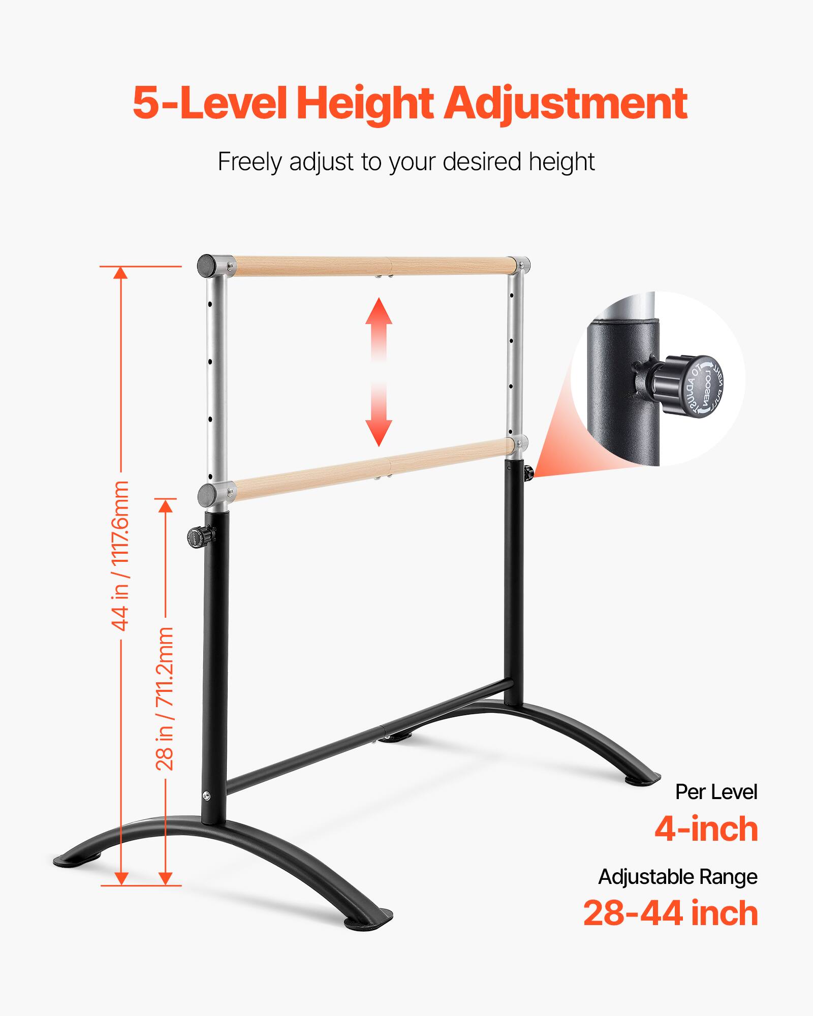 5-Level Height Adjustment  
Freely adjust to your desired height  

OF STUR TRULCA FO 1117.6mm / in 44  
711.2mm / in 28  

Per Level 4-inch Adjustable Range 28-44 inch