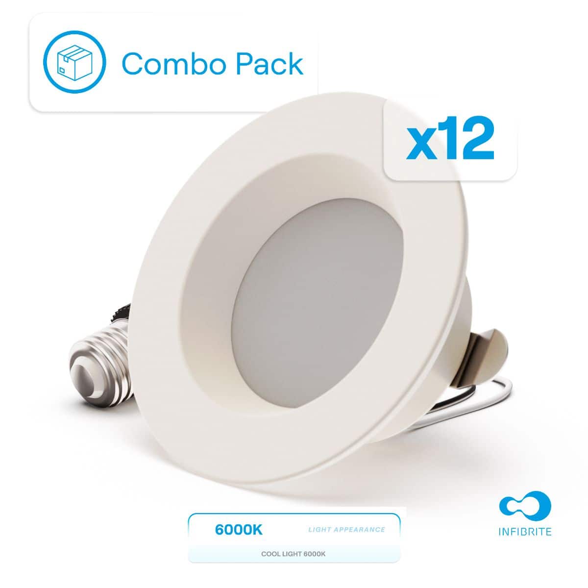 Infibrite - 4 In. Retrofit 6000K Clear Integrated LED Recessed Light Kit 9W 750LM Remodel, Dimmable, Wet Rated (12 Pack) - White