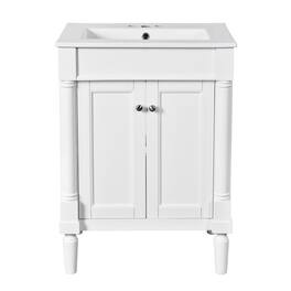 Boyel Living - 24 Inch Bathroom Vanity with Ceramic Sink Solid Wood Frame Double Door Storage - White