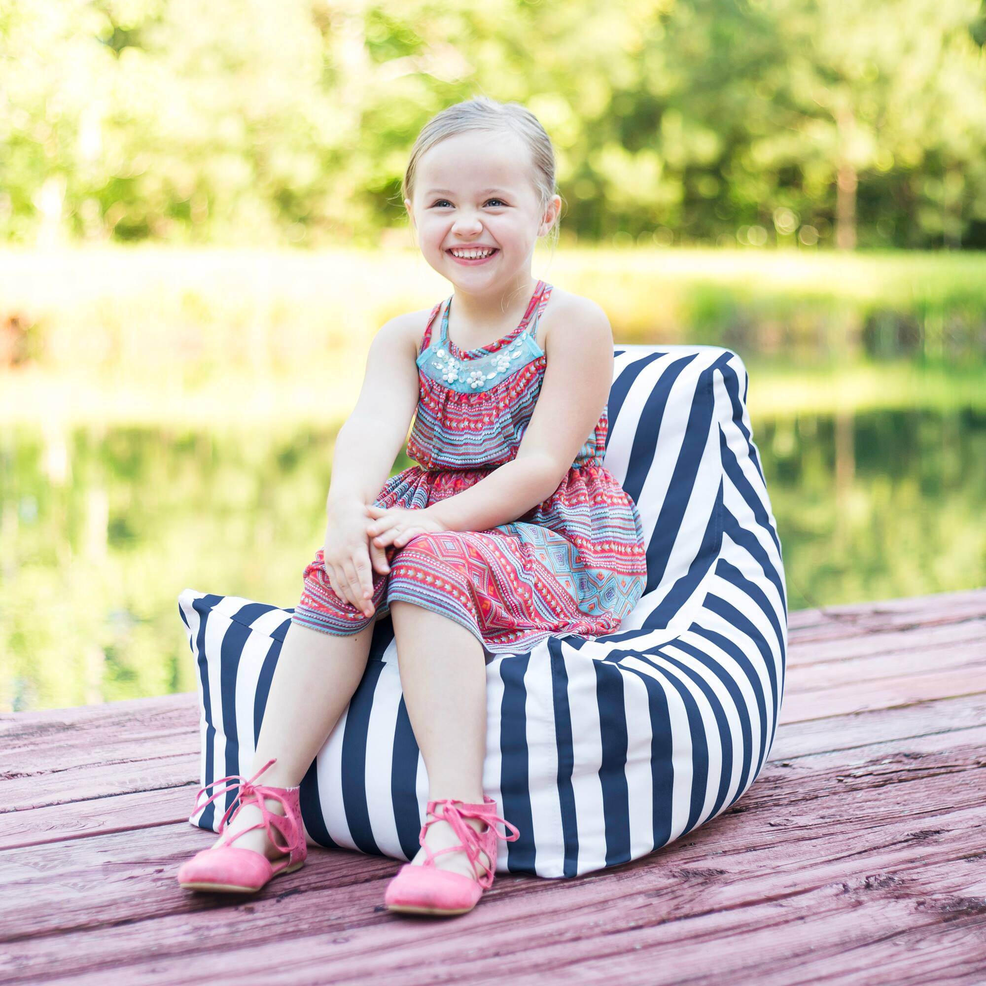 Left. Jaxx - Jaxx Juniper Jr Outdoor Kids Bean Bag Chair / Childrens Garden Chair, Navy Stripes - Navy Stripes.