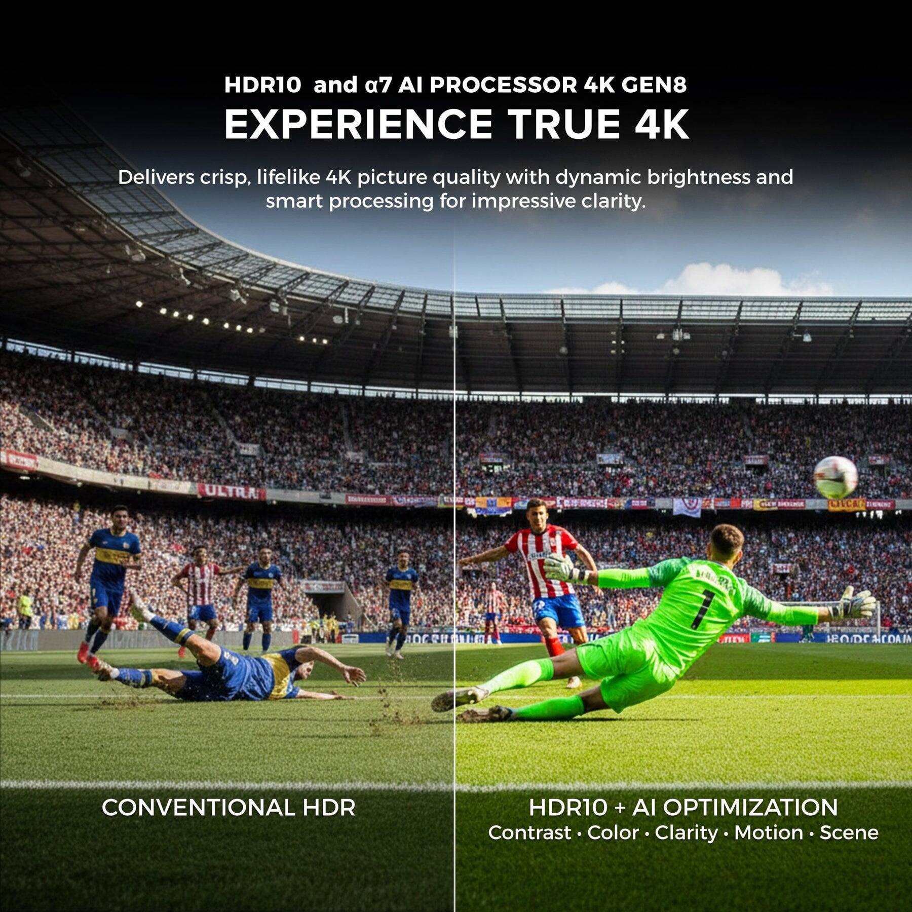 HDR10 and a7 AI Processor 4K Gen8  
Experience True 4K  

Delivers crisp, lifelike 4K picture quality with dynamic brightness and smart processing for impressive clarity.  

Conventional HDR  

HDR10 + AI Optimization  
Contrast • Color • Clarity • Motion • Scene