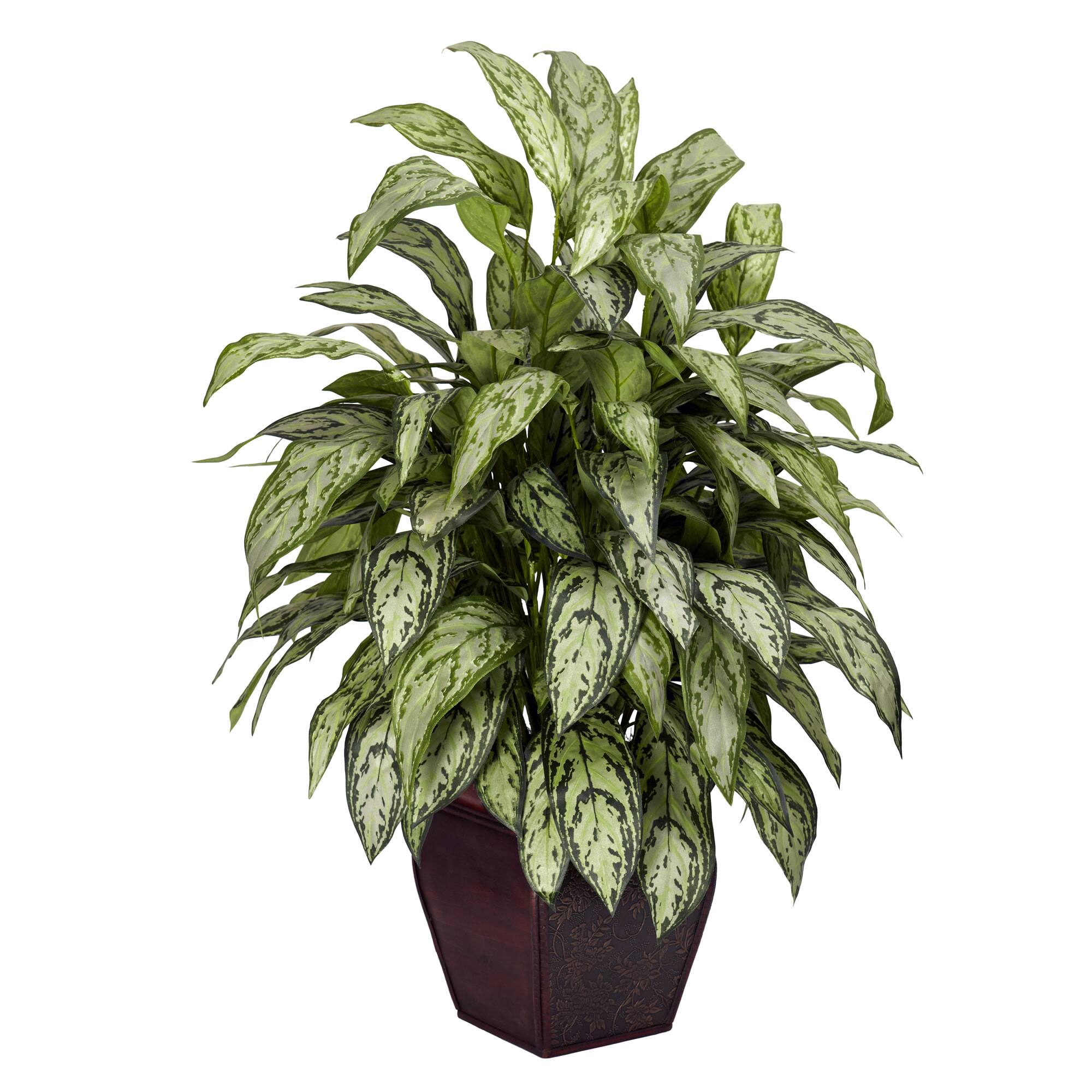 Front. BreeBe - Silver Queen w/Decorative Planter Silk Plant - Green.