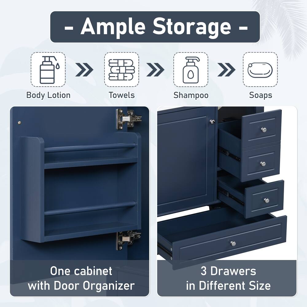 - Ample Storage -

- Body Lotion
- Towels
- Shampoo
- Soaps
- One cabinet with Door Organizer
- 3 Drawers in Different Size
