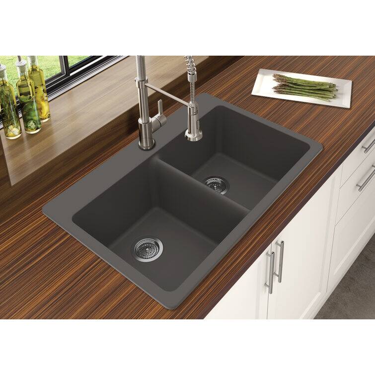 Angle. Winpro - Winpro Dual Mount Granite Composite 33 in. L x 22 in. L x 9.5 in. Double Equal Bowl Kitchen Sink in Gray - Gray.
