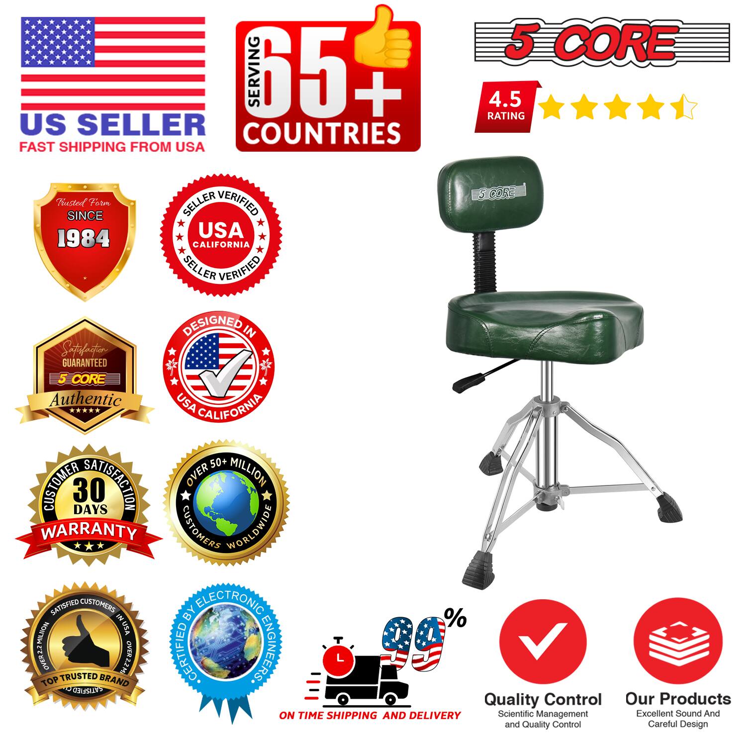 Sure, here is the corrected and grouped text from the image:

---

**US SELLER**  
FAST SHIPPING FROM USA

**SERVING 65+ COUNTRIES**

**5 CORE**  
4.5 RATING

**Trusted Form SINCE 1984**

**SELLER VERIFIED**  
USA CALIFORNIA

**DESIGNED IN USA CALIFORNIA**

**Authentic**

**30 DAYS WARRANTY**

**OVER 50+ MILLION CUSTOMERS WORLDWIDE**

**SATISFIED CUSTOMERS**

**QUALITY CONTROL**  
Scientific Management and Quality Control

**ON TIME SHIPPING AND DELIVERY**

**Our Products**  
Excellent Sound And Careful Design

**TOP TRUSTED BRAND**

**CERTIFIED BY ELECTRONIC ENGINEERS**

**% NOWYH VSON OVERZZ1**

---

This text is grouped and corrected to reflect the information presented in the image.