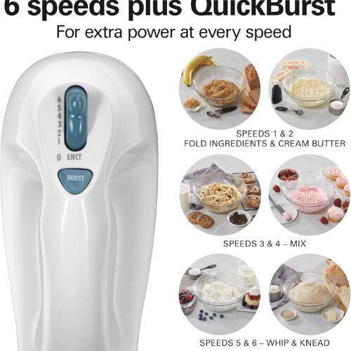 6 speeds plus QuickBurst  
For extra power at every speed  

SPEEDS 1 & 2 - FOLD INGREDIENTS & CREAM BUTTER  
SPEEDS 3 & 4 - MIX  
SPEEDS 5 & 6 - WHIP & KNEAD