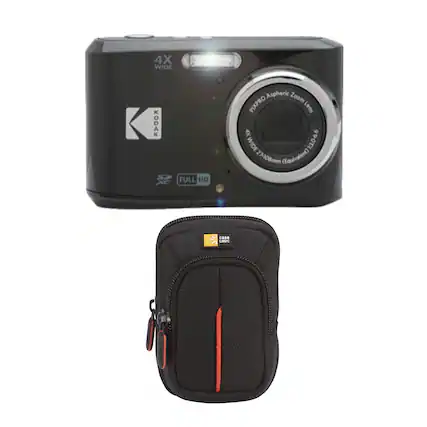 The image features a Kodak Pixpro camera with a wide lens, which is capable of capturing full HD images. The camera is accompanied by a case, which is designed to protect the device when not in use. The camera and case are both black in color.