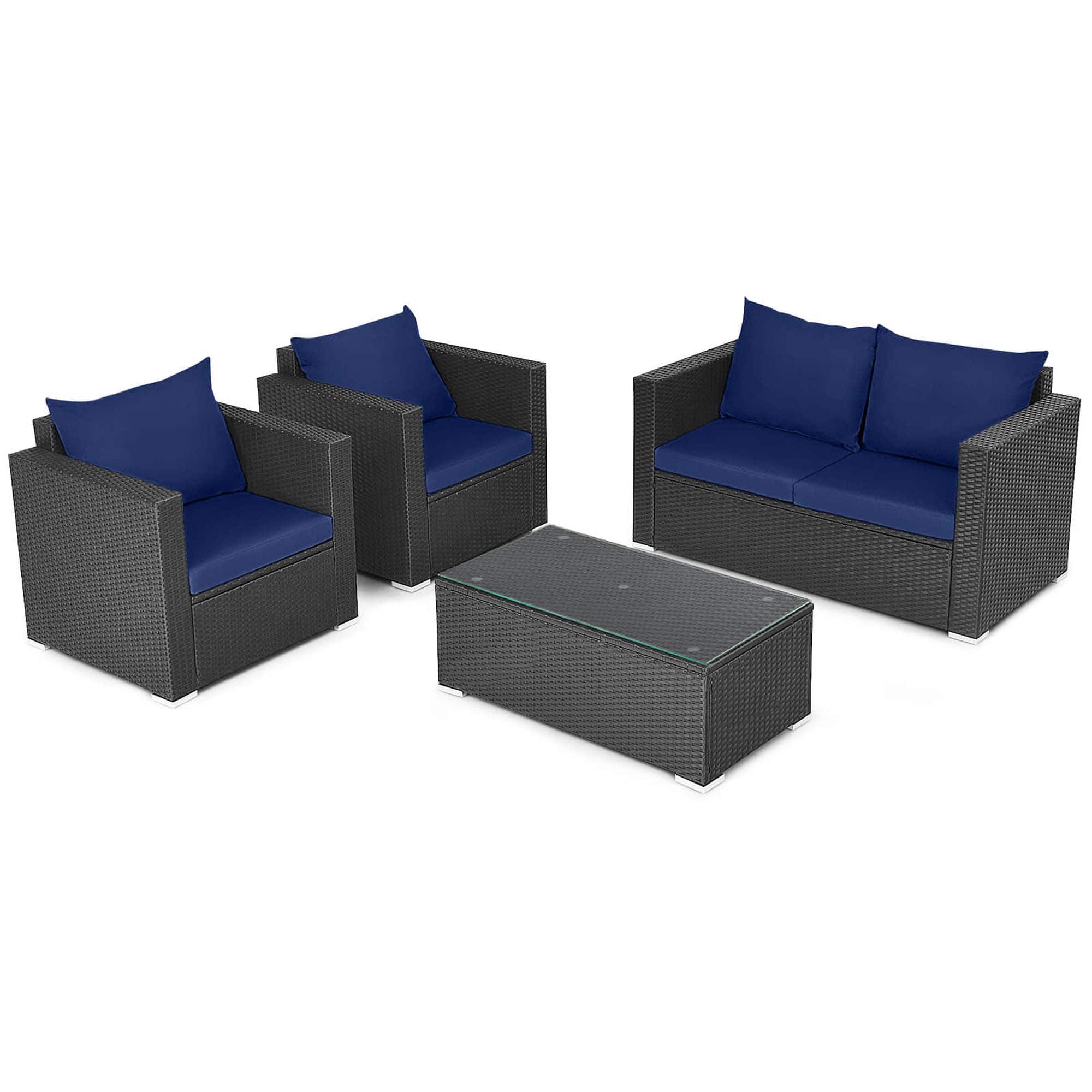 Front. Costway - 4 PCS Patio Rattan Furniture Set Cushioned Sofa Chair Coffee Table - Black,Blue.